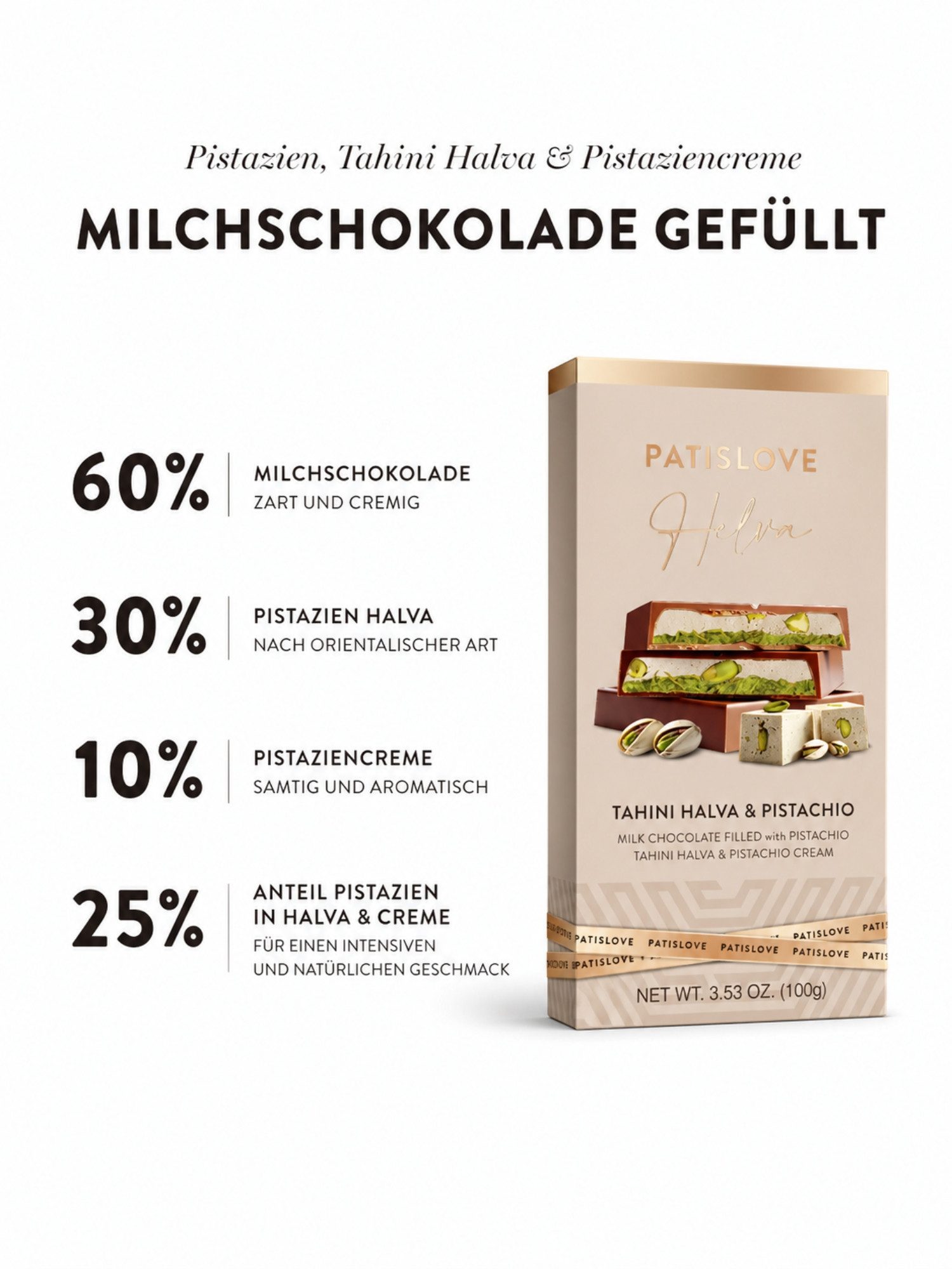 PATISLOVE Schokolade Vollmilchschokolade mit Tahini Halva & Pistaziencreme 100g, ohne Konservierungsstoffe, ohne Farbstoffe