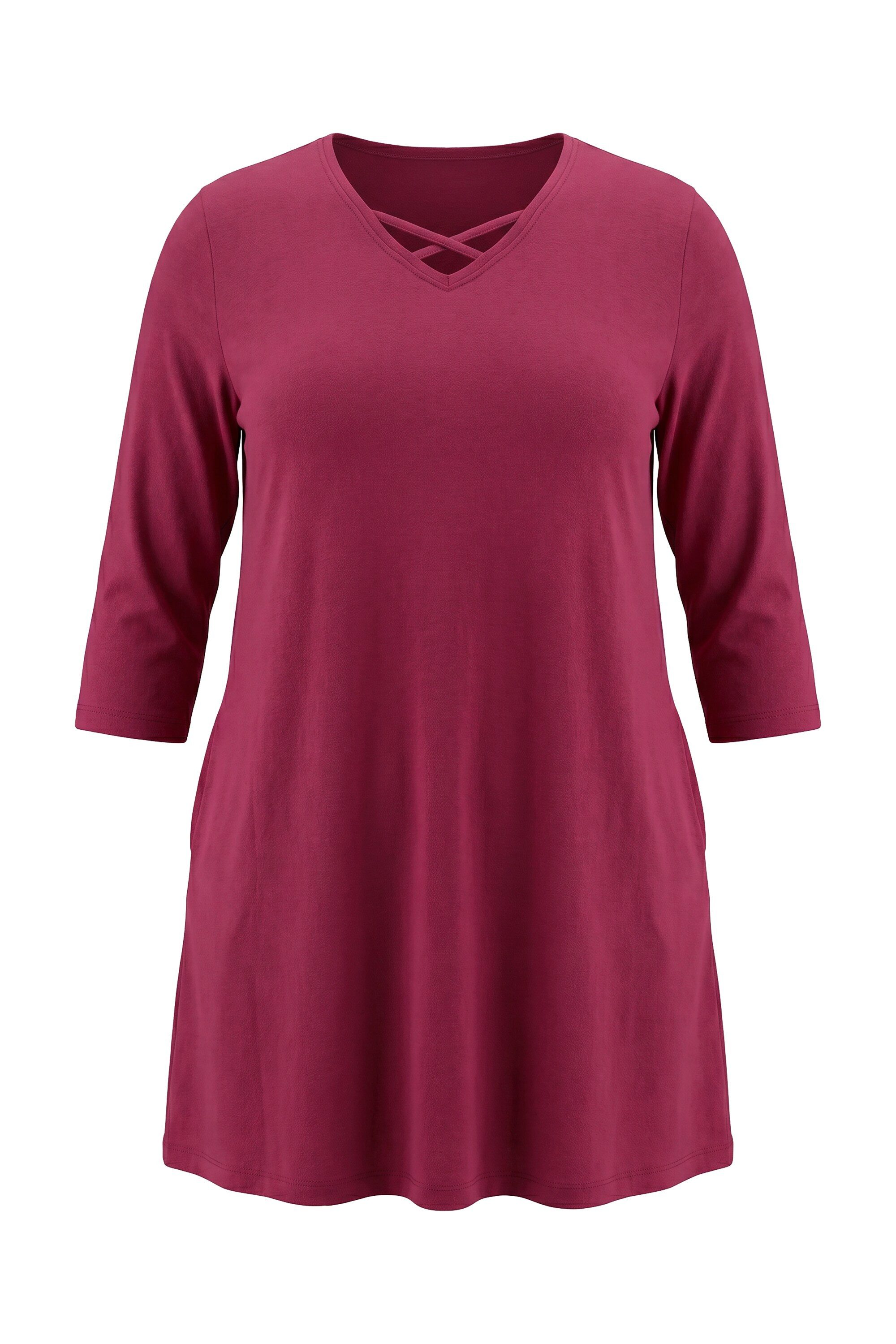 Ulla Popken Longshirt Longshirt Zierbänder A-Linie V-Ausschnitt 3/4-Arm