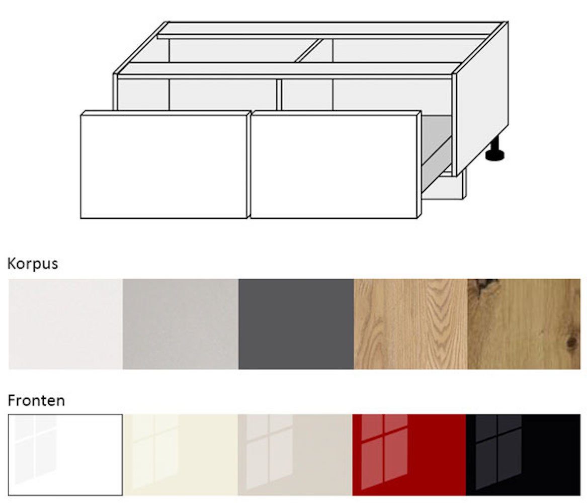 Feldmann-Wohnen Unterschrank Platinium (Platinium) 120cm Front- & Korpusfarbe wählbar 2 Schubladen (Teilauszug) weiß Hochglanz