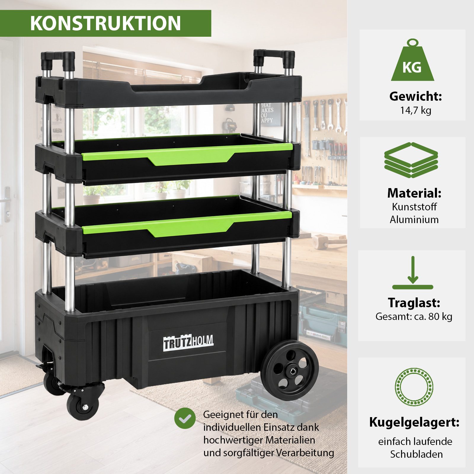 TRUTZHOLM Werkstattwagen Montagewagen klappbar mobil transportabel 67,5x40x95 cm, auf Rollen, Traglast 80 kg,4 Ablagefächer,leer