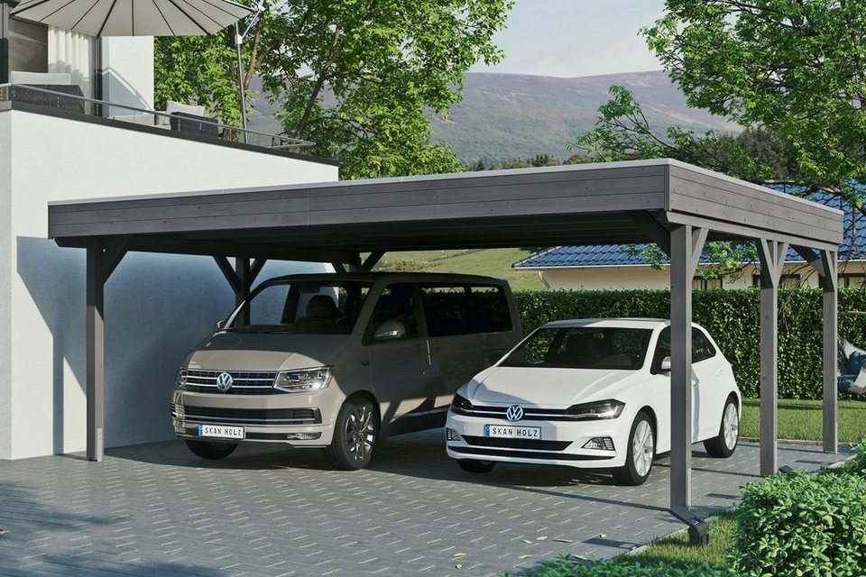 Skanholz Doppelcarport Grunewald, BxT: 622x554 cm, 590 cm Einfahrtshöhe,  mit Aluminiumdach, Flachdach mit Aluminium-Dachplatten, farblich behandelt  in schiefergrau