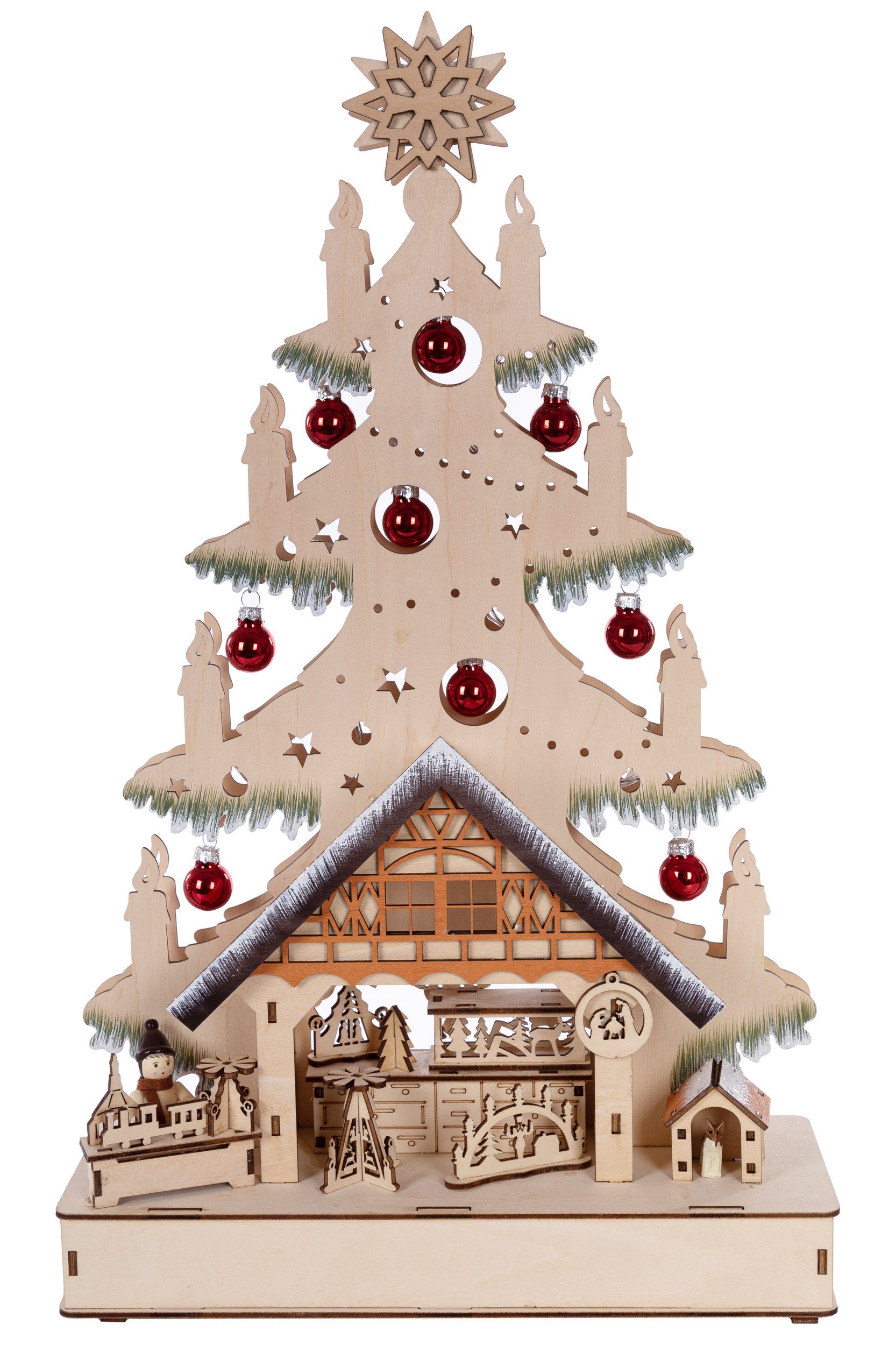 Wohnando Holz Weihnachtsmarkt Winterlicher Weihnachtsbaum mit Weihnachtsdorf aus
