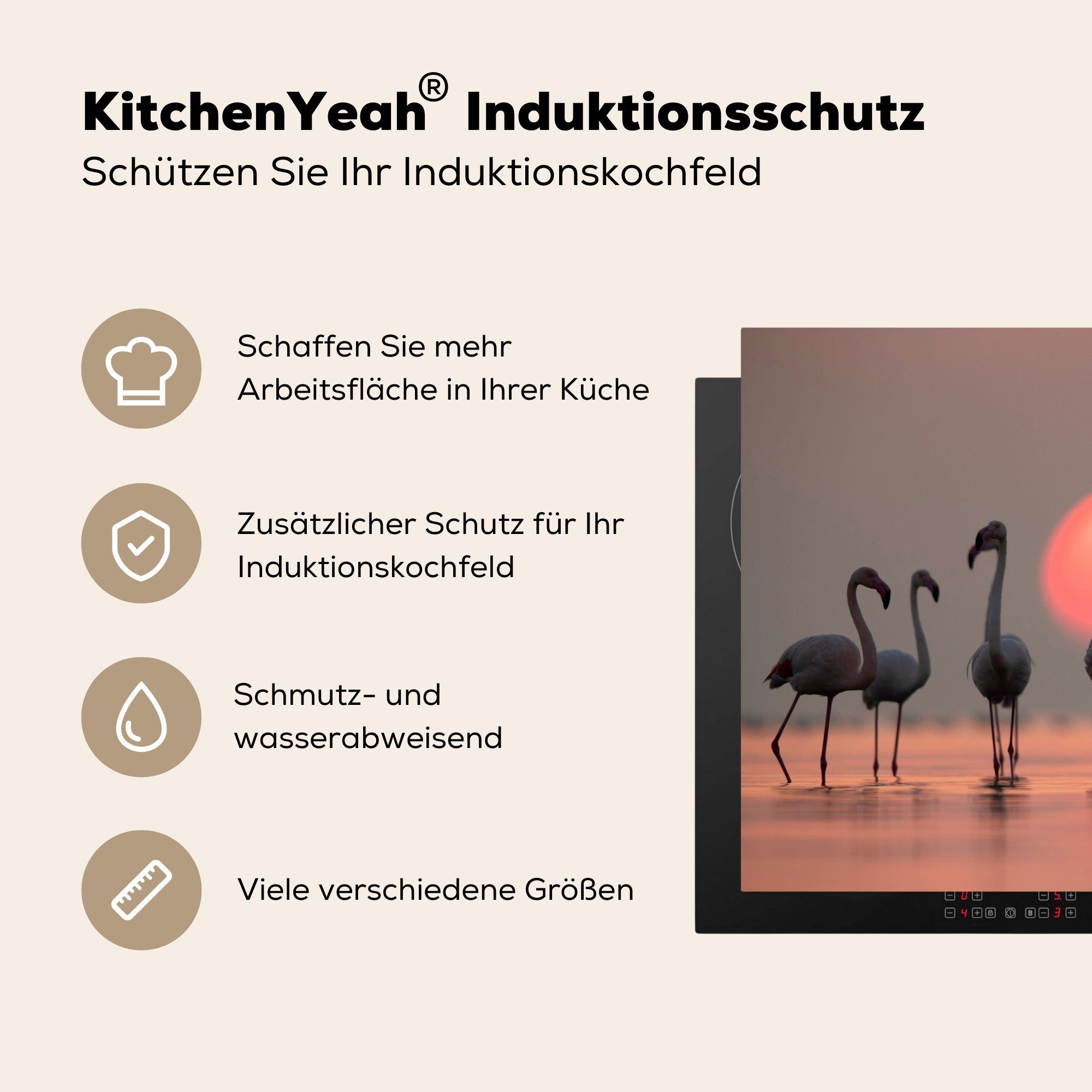 tlg), 81x52 (1 Sonnenuntergang küche - Vogel Arbeitsplatte Flamingo Vinyl, - cm, Rosa, - Herdblende-/Abdeckplatte Ceranfeldabdeckung, MuchoWow für