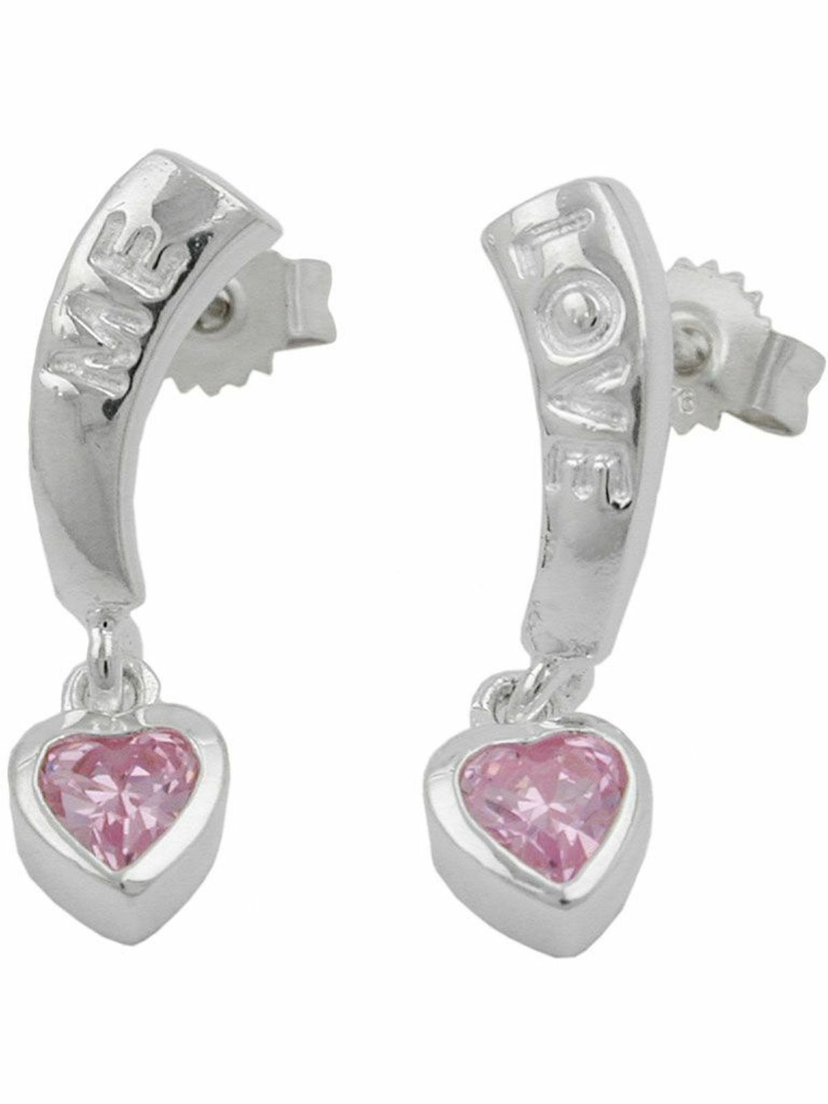 Paar Серьги-гвоздики 20x5mm mit Herz Zirkonia pink und Schriftzug LOVE ME Silber 925