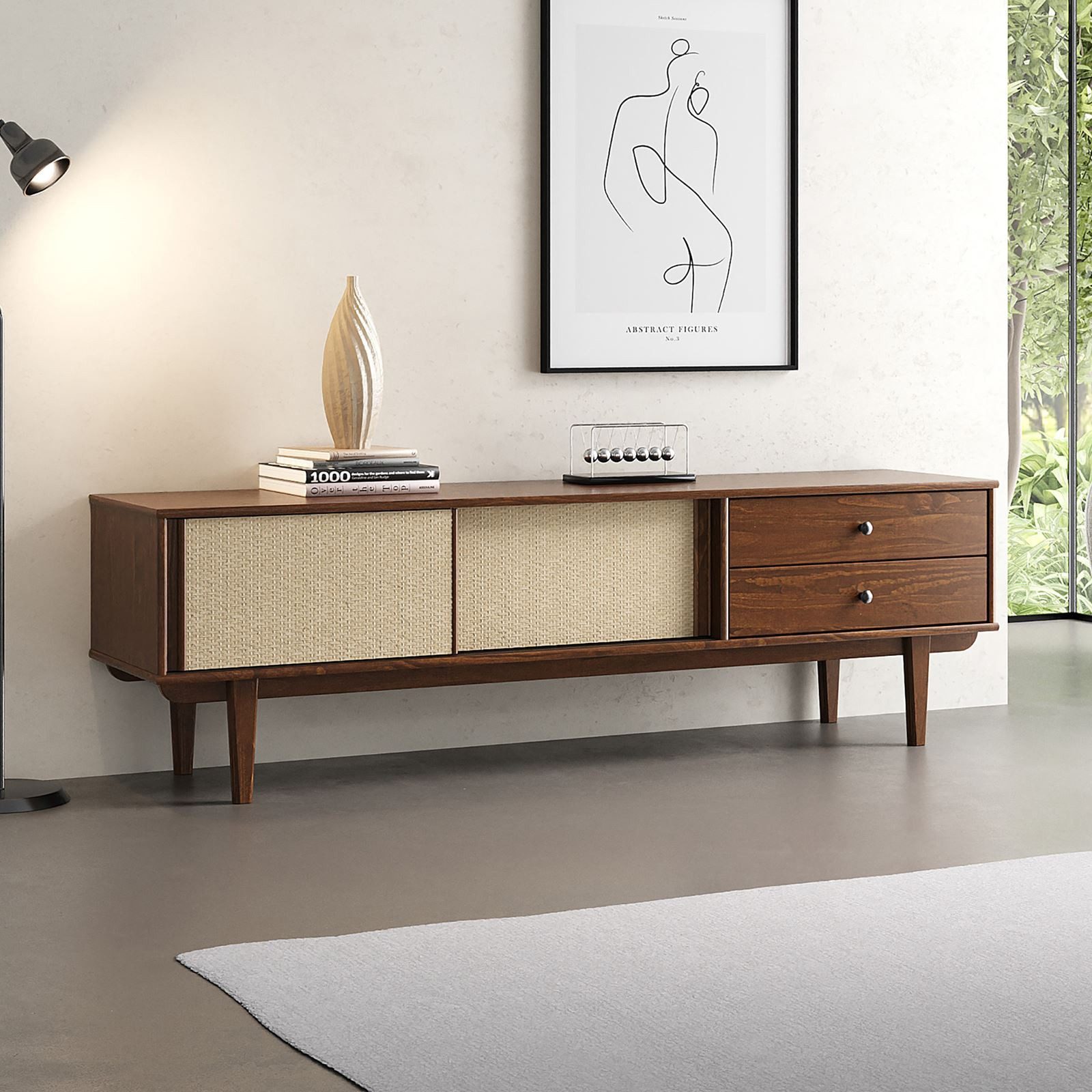 IDIMEX Lowboard SIMONA, TV Schrank 175 cm Massivholz Rattan Schiebetür Kastanie Finish