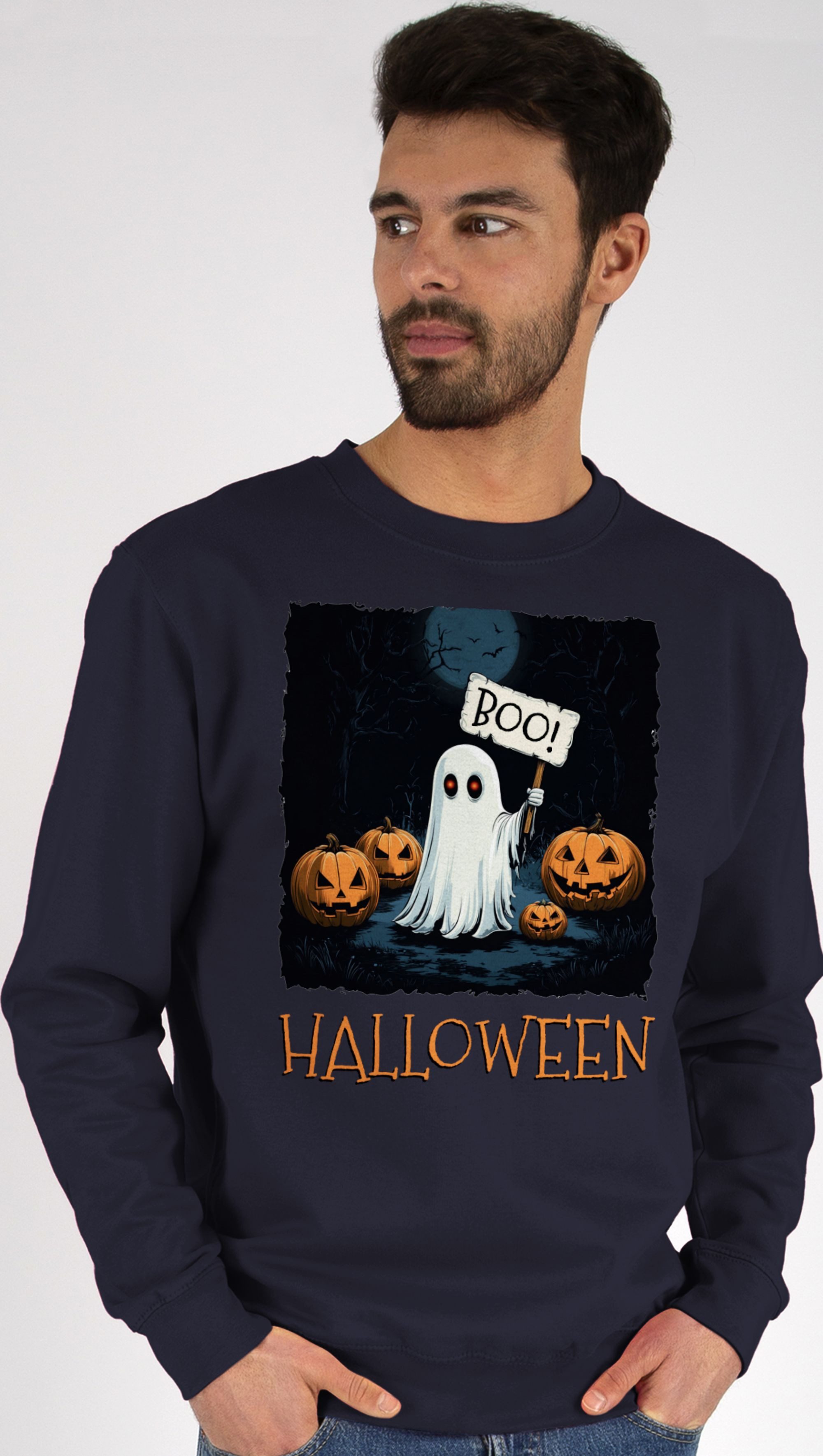 Shirtracer Sweatshirt Boo Geist Halloween I Spukwald im Vollmond I Gruselnacht, Gruslig, S (1-tlg) Halloween Kostüme Damen