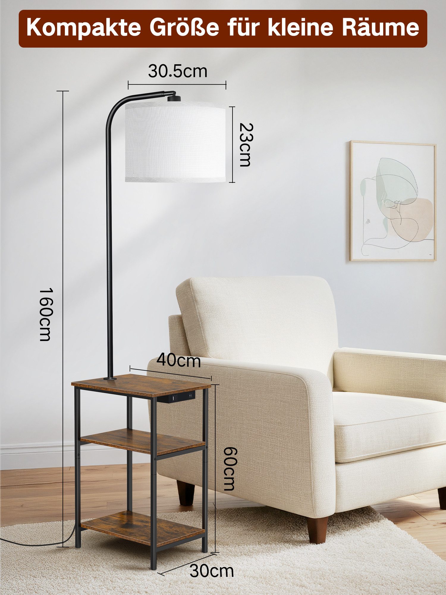 OUTON Stehlampe LED-Tisch mit 2 Stoffschubladen/3 Ablagen & USB – Bild 2 von 5