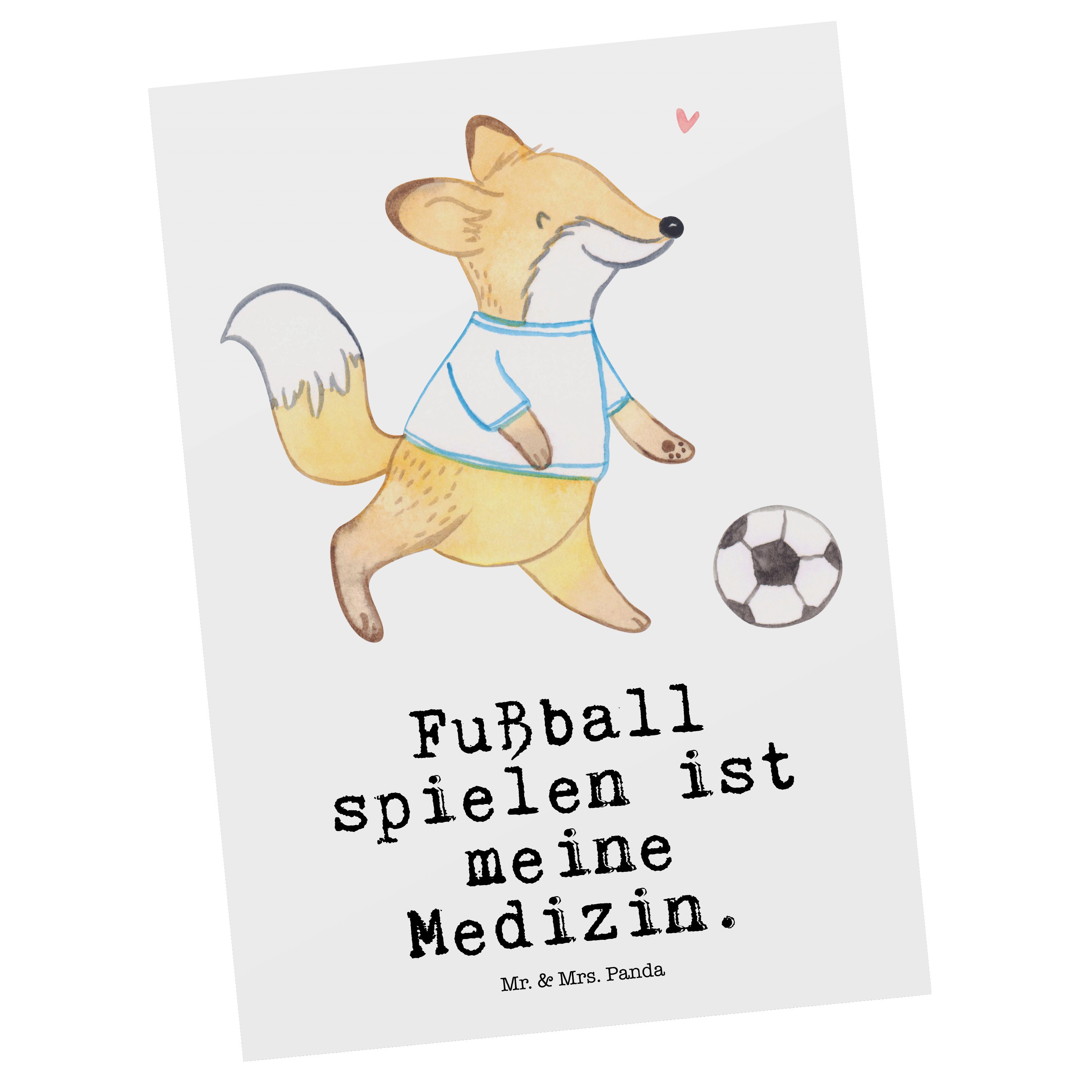 Mr. & Mrs. Panda Postkarte Fuchs Fußball spielen Medizin - Weiß - Geschenk, Fußballtraining, Pun