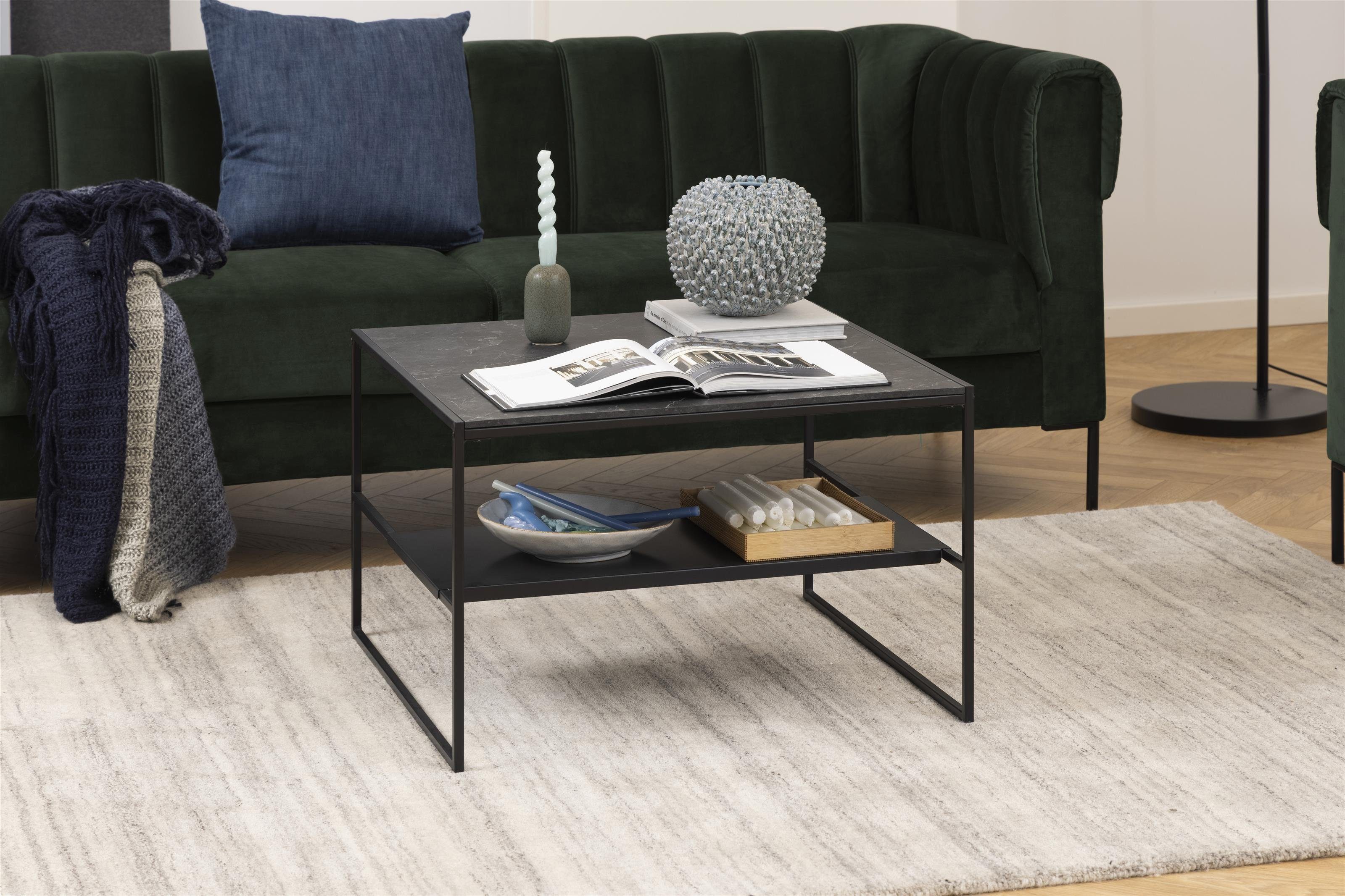 möbelando Couchtisch Inverness, Moderner Couchtisch, Tischplatte aus MDF melaminbeschichtet mit Marmor Optik in Schwarz matt, Gestell aus Metall Schwarz matt pulverbeschichtet mit 1 Ablageboden. Breite 70 cm, Höhe 45 cm, Tiefe 70 cm