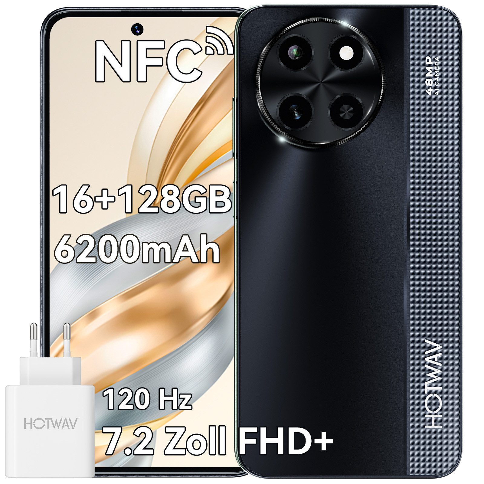 HOTWAV Android Smartphone, 16+128 GB/1 TB handy, Smartphone ohne Vertrag Smartphone (7.2 Zoll, 128 GB Speicherplatz, 48 MP Kamera, Günstige Smartphone, 6200 mAh)