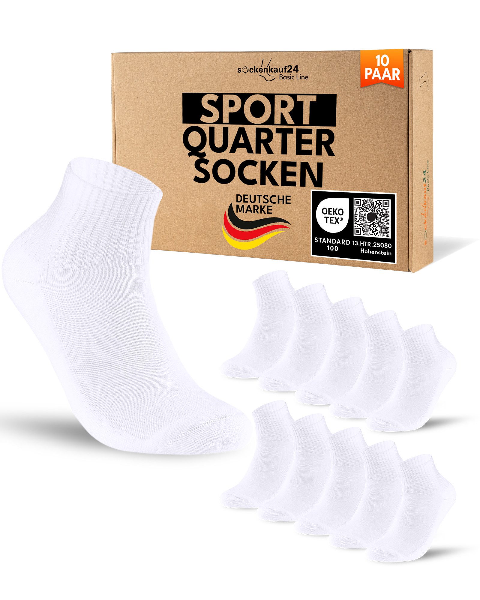 sockenkauf24 Sportsocken 10 Paar kurze Tennissocken Quarter Sportsocken Herren Damen Baumwolle (10-Paar) verstärkte Ferse & Fußspitze, gepolsterte Sohle, Atmungsaktiv