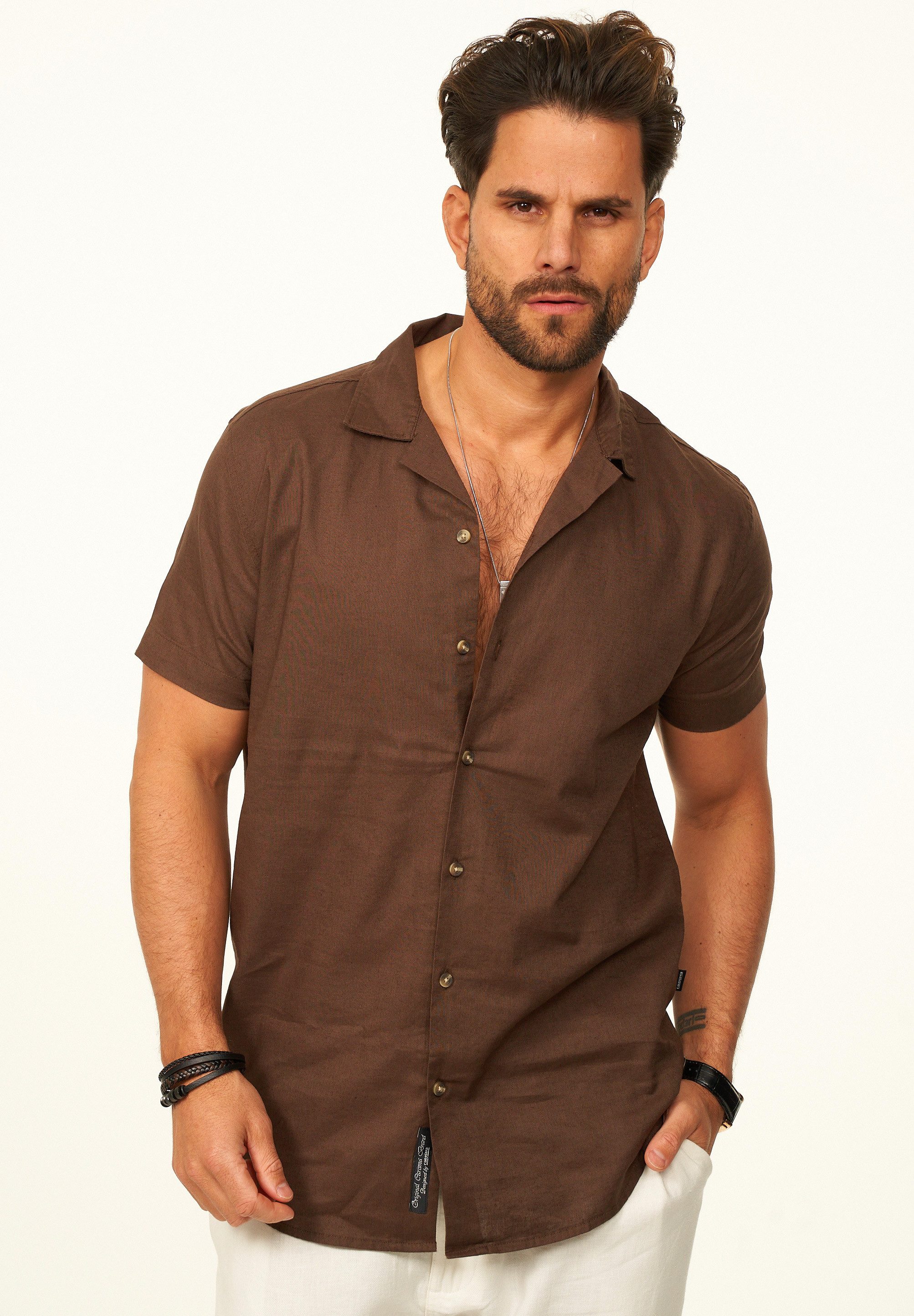 behype Kurzarmhemd aus Leinen Sommerhemd im Regular-Fit Herren Leinenhemd Freizeithemd mit offenen Reverskragen