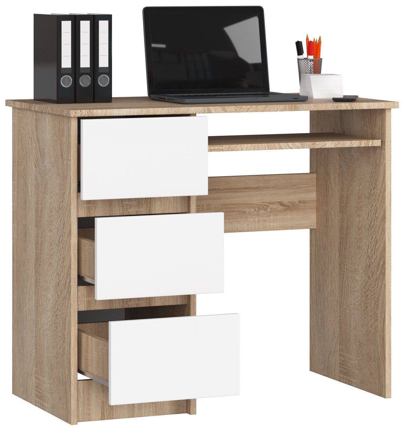 weiß 50 16 Collective ausziehbarer Schubladen, cm, mm x ABS-Kante, 77 mit Tastaturablage, Bürotisch, Laminatplatte x 3 90 Home dicke, abriebfeste sonoma Computertisch