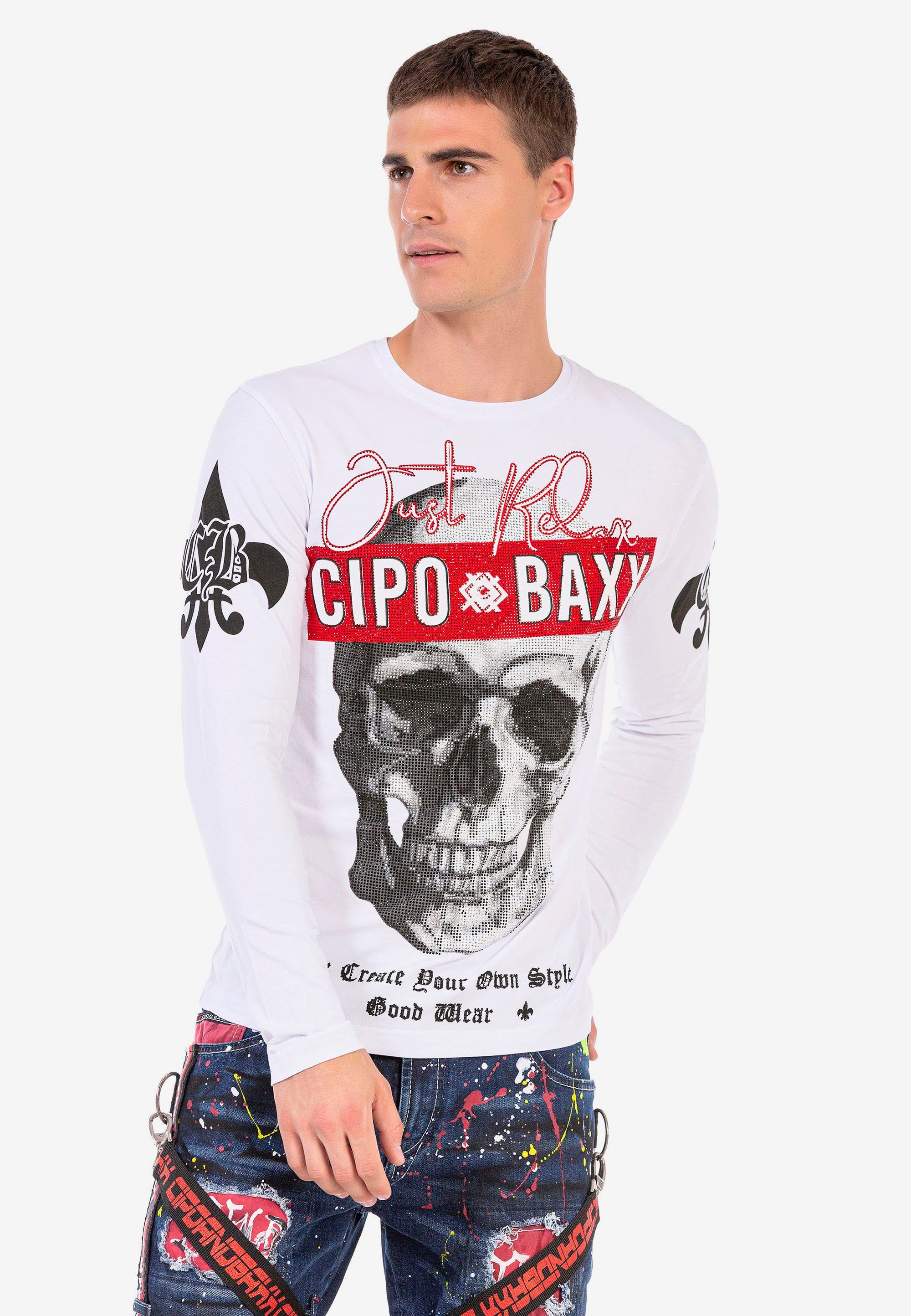 Cipo & Baxx Langarmshirt mit aufwendigem Strass-Design weiß