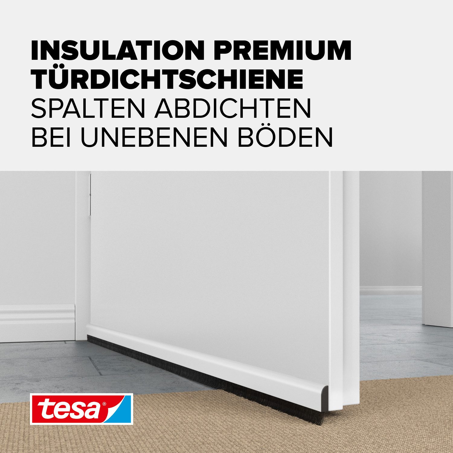 tesa Türbodendichtung INSULATION Premium Türdichtschiene für unebene Böden, (Packung, 1-St., Alu-Türdichtung - weiß - mit Bürstendichtung bis 15 mm), selbstklebende Alu-Türdichtung zum Schutz vor Zugluft