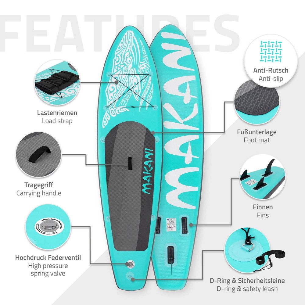 ECD Germany SUP-Board Stand Up Paddle Board aus PVC Paddelboard Paddling Board, Stand-Up Paddle-Board, SUP Board 320x80x15 cm 120 kg Traglast rutschfest türkis inkl Zubehör