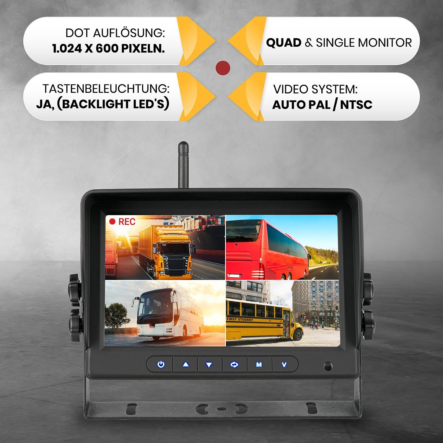 CARMATRIX BDW-710C+2 Rückfahrkamera (LKW Trailer Funk Rückfahrkamera HD Set 7" Monitor 2 x Rückfahrkamera, Aufnahmefunktion, SD Karte, Mikrofon, Audio, Distanzlabel, IPS Monitor)