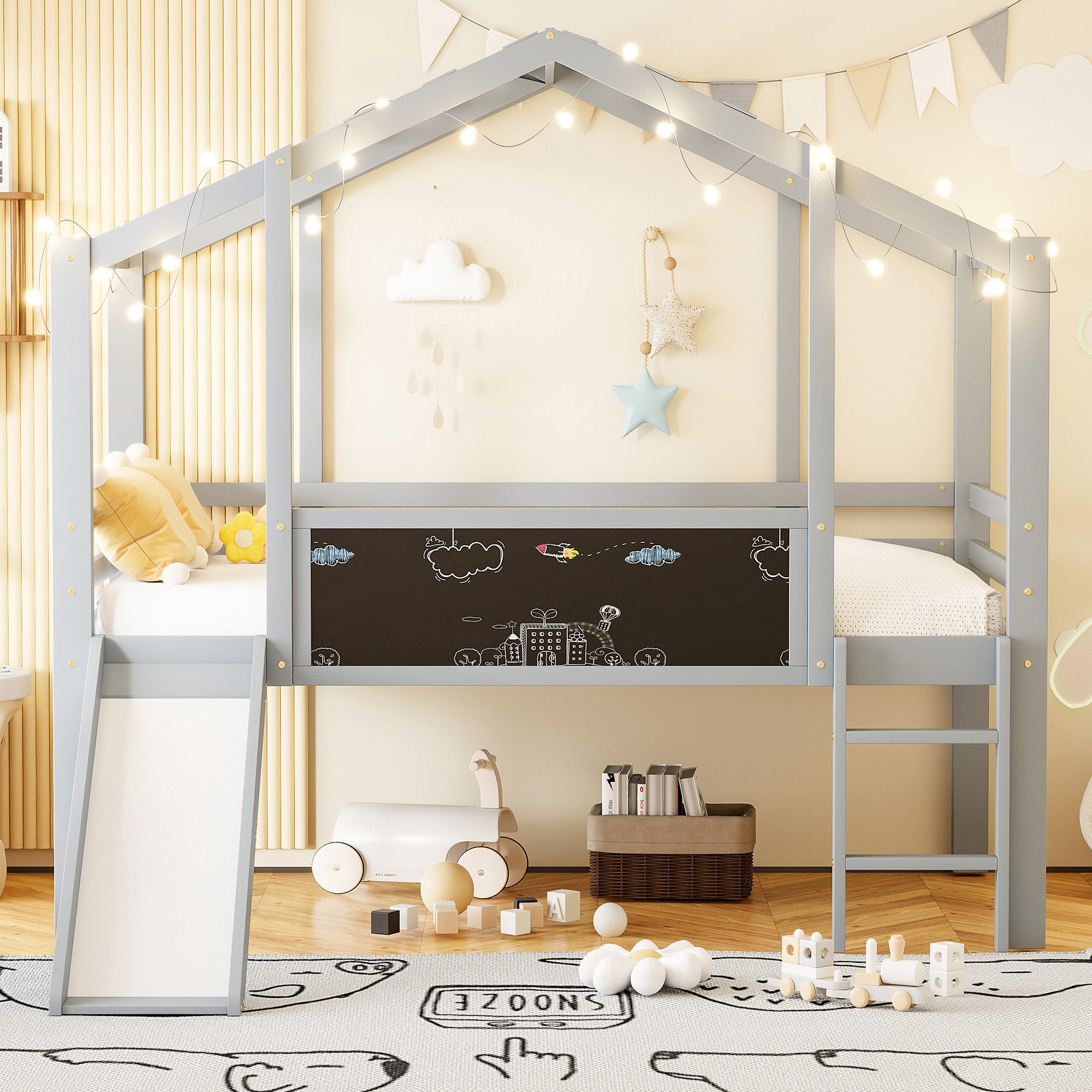 Flieks Hochbett Kinderbett Hausbett 90x200cm mit Graffiti-Tafel, Leiter und Rutsche