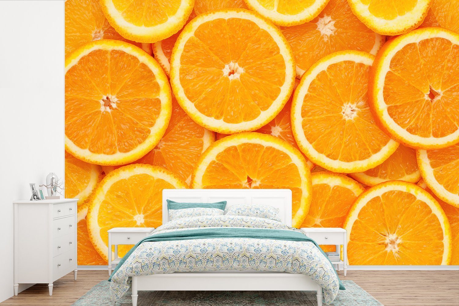 MuchoWow Fototapete Orange - Obst - Orange, Matt, bedruckt, (6 St), Wallpaper für Wohnzimmer, Schlafzimmer, Kinderzimmer, Vinyl Tapete