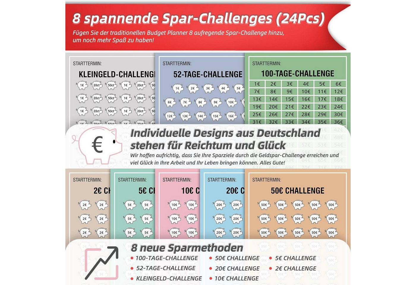 Thumbnail - LuxusKollektion Notizbuch 2024 Geld Sparen Challenge Buch 8 Spar Challenges Budget Planner A6