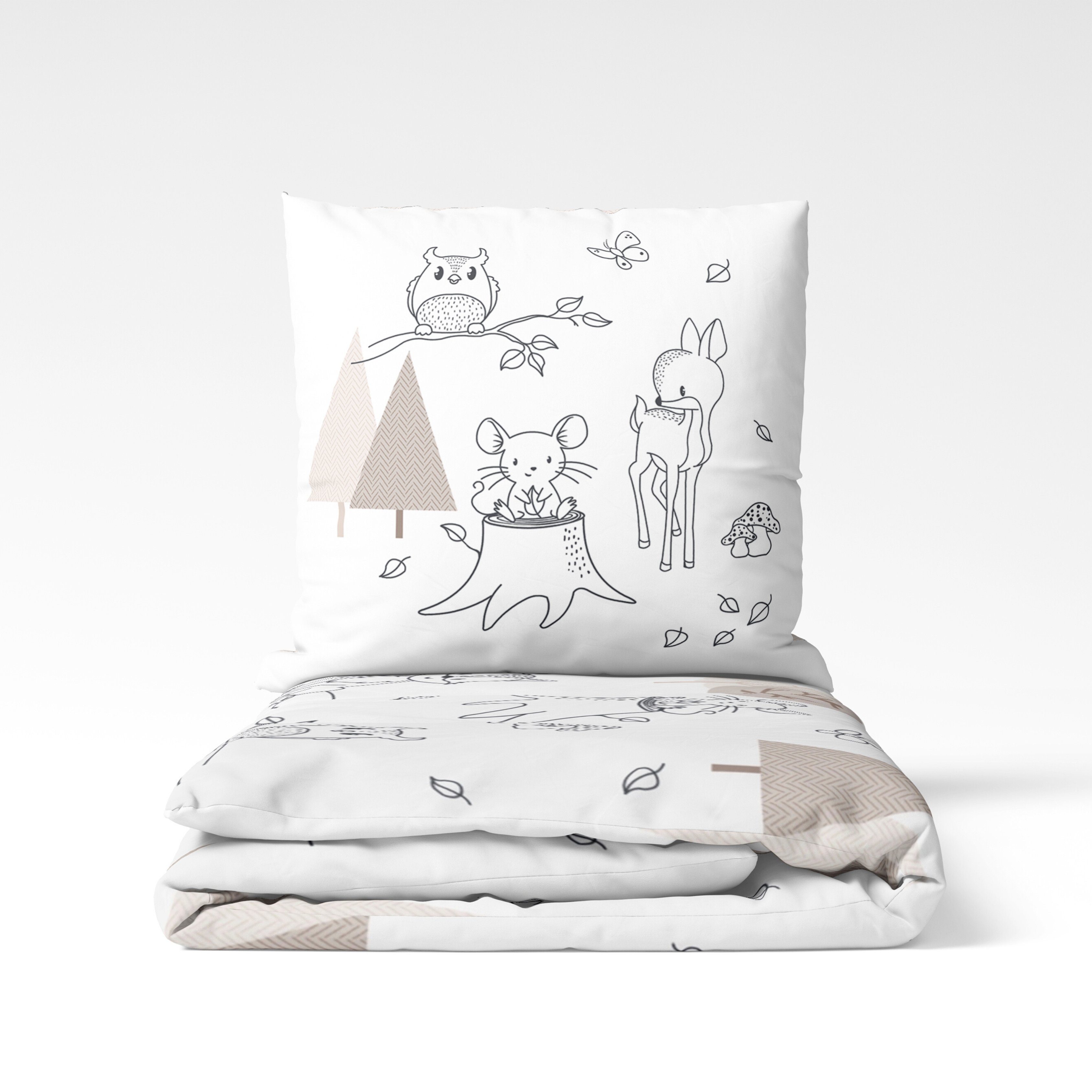 MTOnlinehandel Bettwäsche Waldtiere Eule Rehkitz Maus Fuchs 135x200 + 80x80 cm, 100 % Baumwolle, Renforcé, 2 teilig