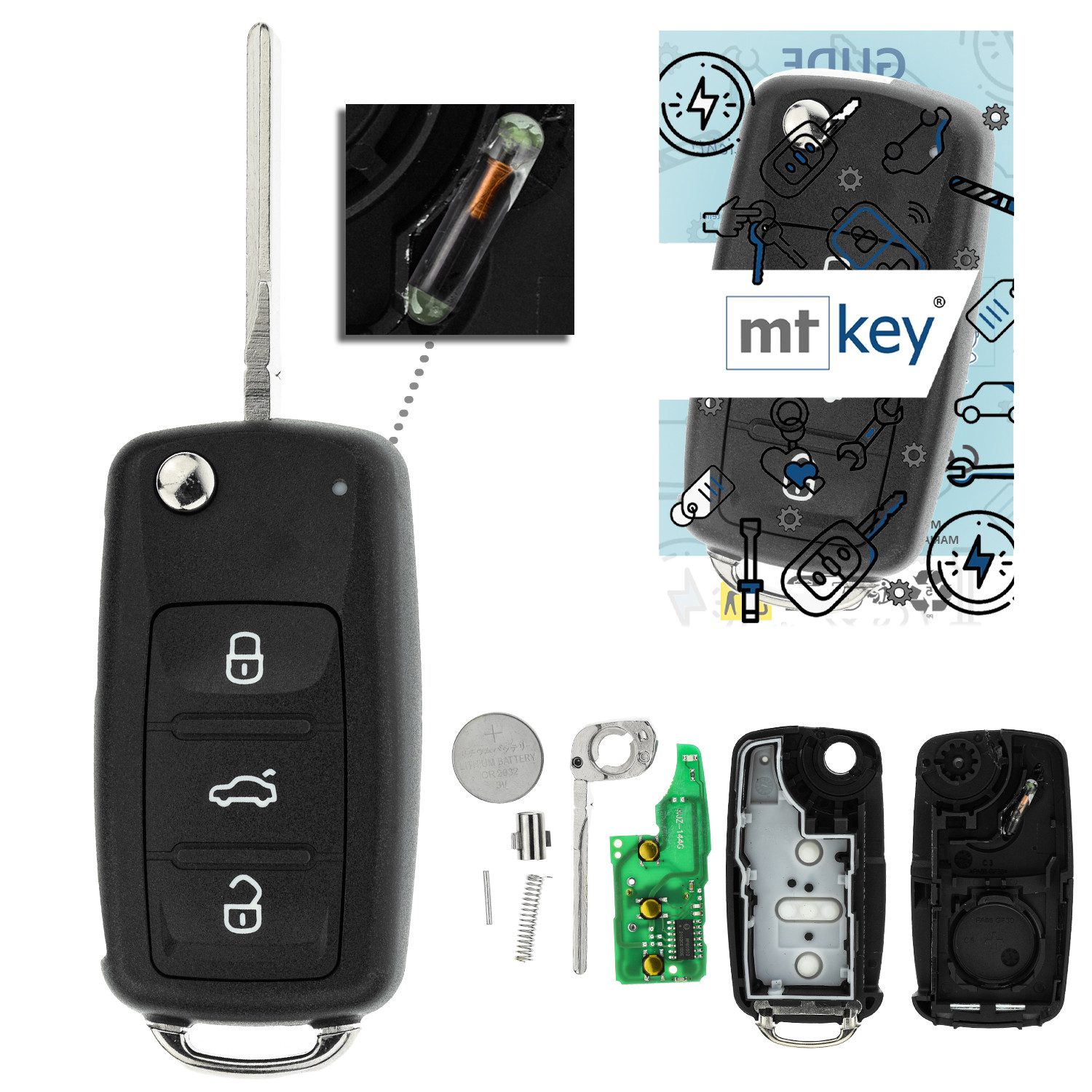 mt-key Schlüsseltasche 3 Tasten Auto Funkschlüssel Klapp Schlüssel 434MHZ (Set), für Seat Altea (5P, 12–15), Ibiza (6J IV, 11–15), Leon (1P II, 12–...
