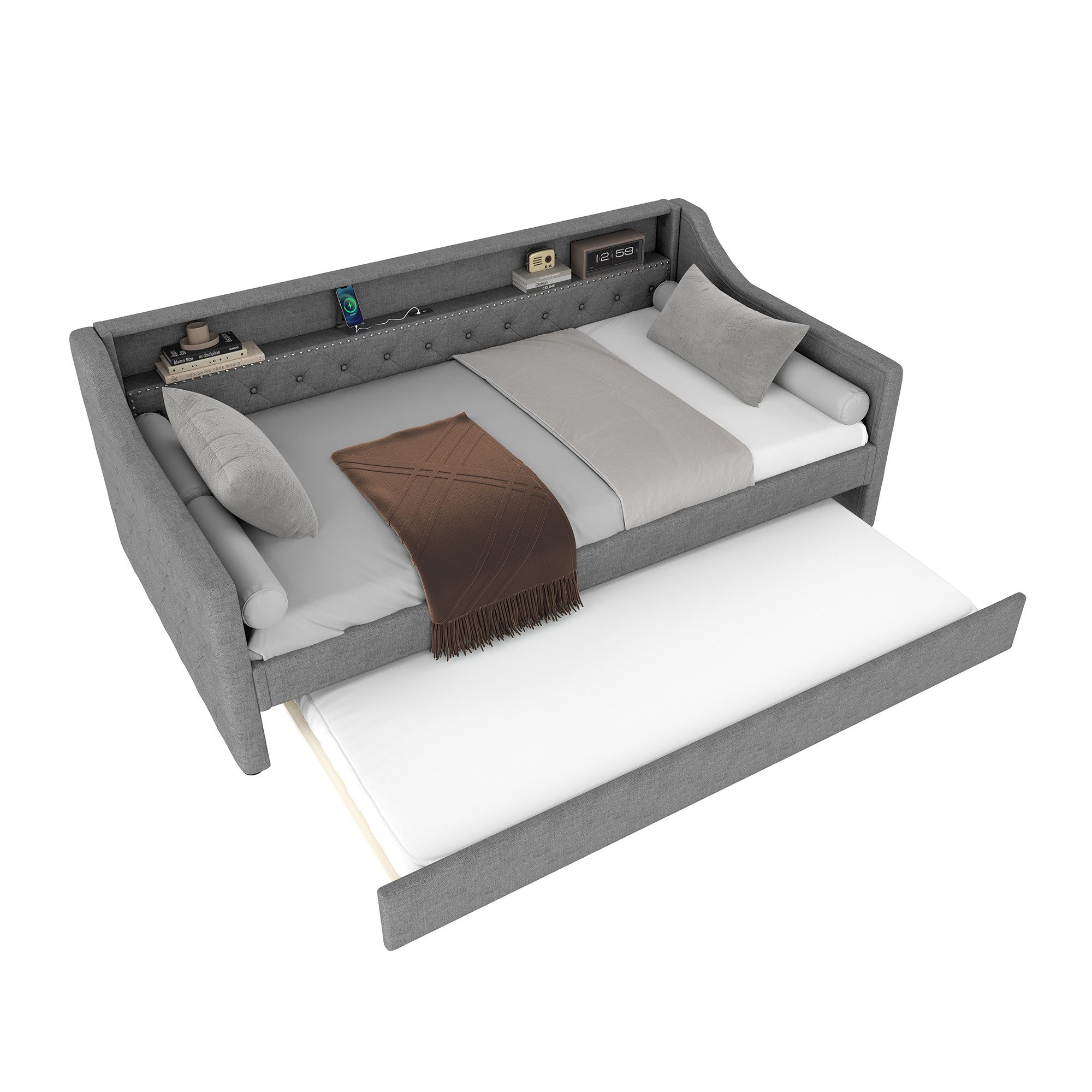 SOFTWEARY Schlafsofa mit LED-Beleuchtung, 90x200cm, mit Ausziehbett, Polsterbett mit Lattenrost, Einzelbett, Jugendbett, Bezug aus Leinen