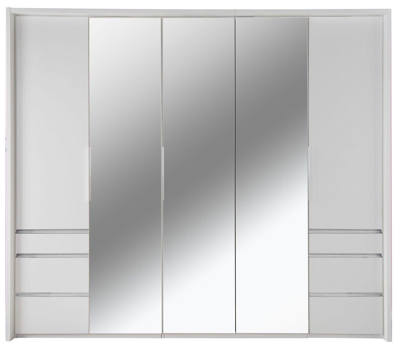 Wimex Drehtürenschrank Everly (mit Falttüren, Einlegeböden, Kleiderstangen, Schubladen, 1-St., moderne Optik, mit Spiegel, Griffe aus Metall) 250x56x216cm mit Falttür und Schubladen weiß