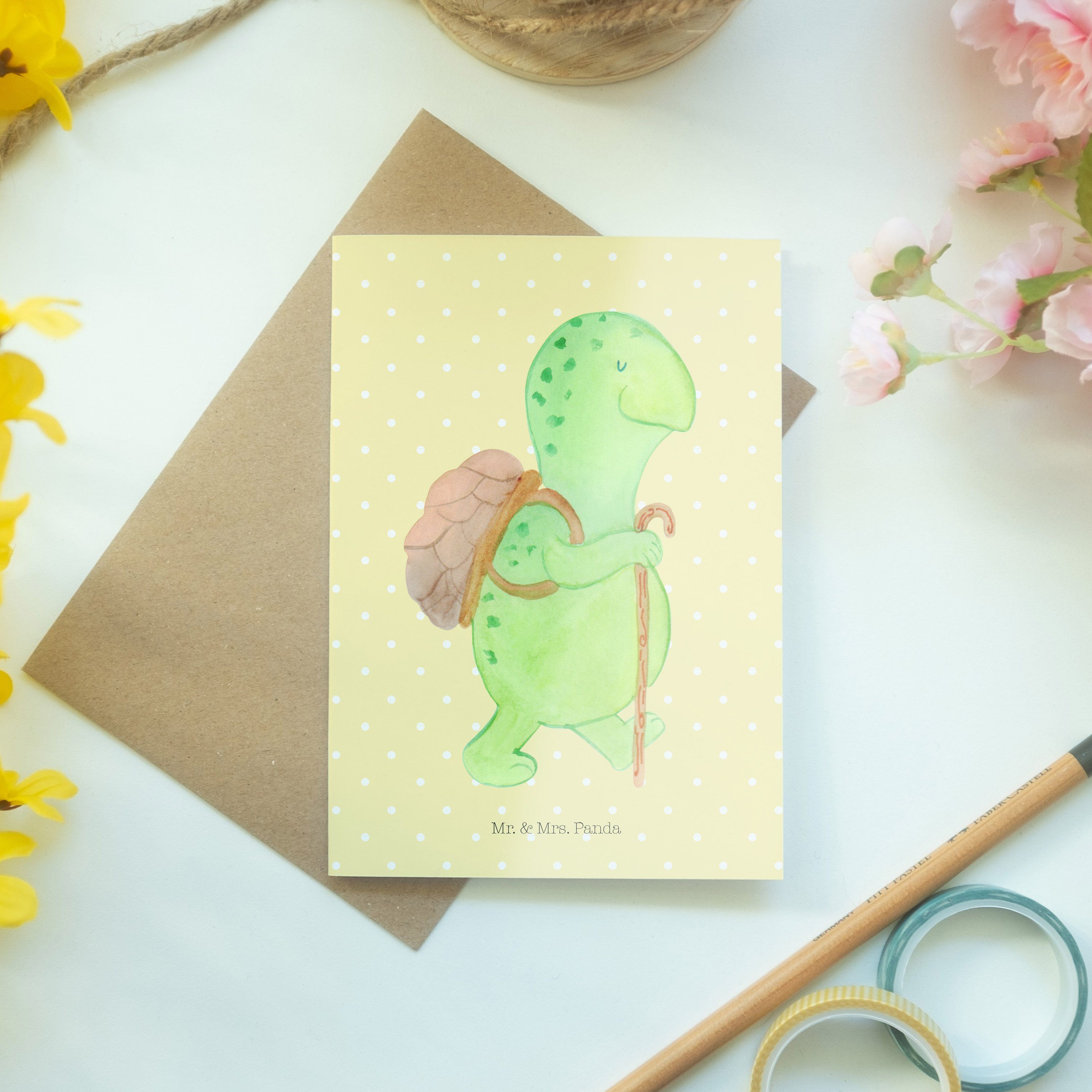 Mr. & Mrs. Panda - Gelb Pastell Geburtsta - Motivation, Wanderer Grußkarte Schildkröte Geschenk