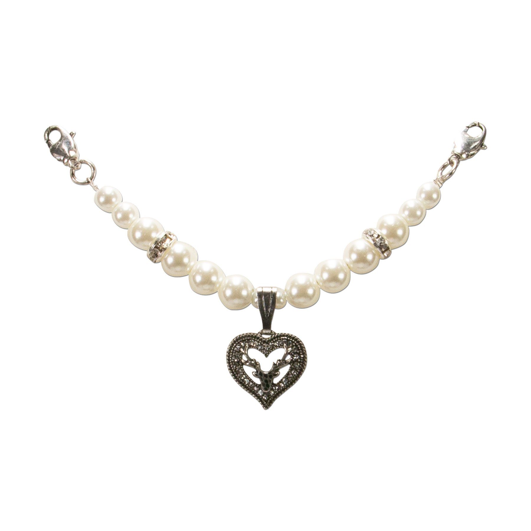 Alpenflüstern Kette mit Anhänger Dirndl-Mini-Charivari Trachtenherz Hirsch (creme-weiß), - Hochwertiger Damen-Trachtenschmuck mit Perlen und Trachtenherz HIrsc