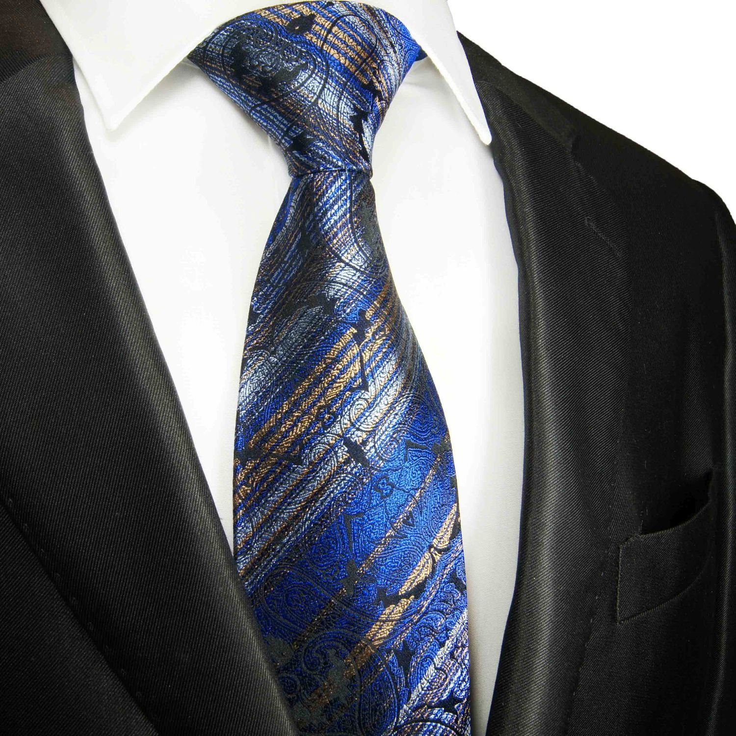 Designer Malone blau (6cm), Herren 2100 Krawatte Schlips Seidenkrawatte Paul gestreift Schmal modern 100% gold Seide