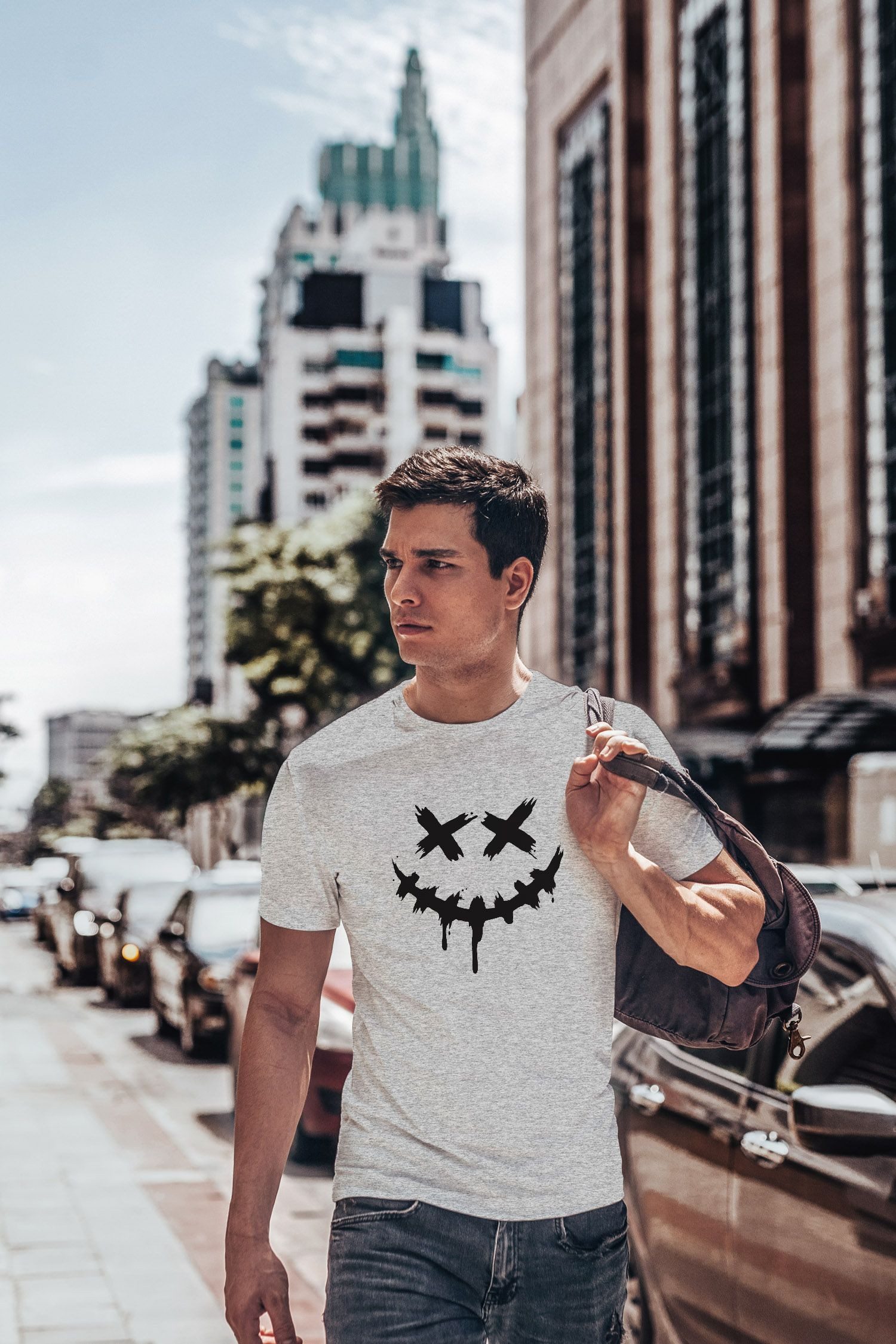 Neverless Print-Shirt Herren T-Shirt Bedruckt Techwear Fashion Streetstyle Smiling Face mit Print