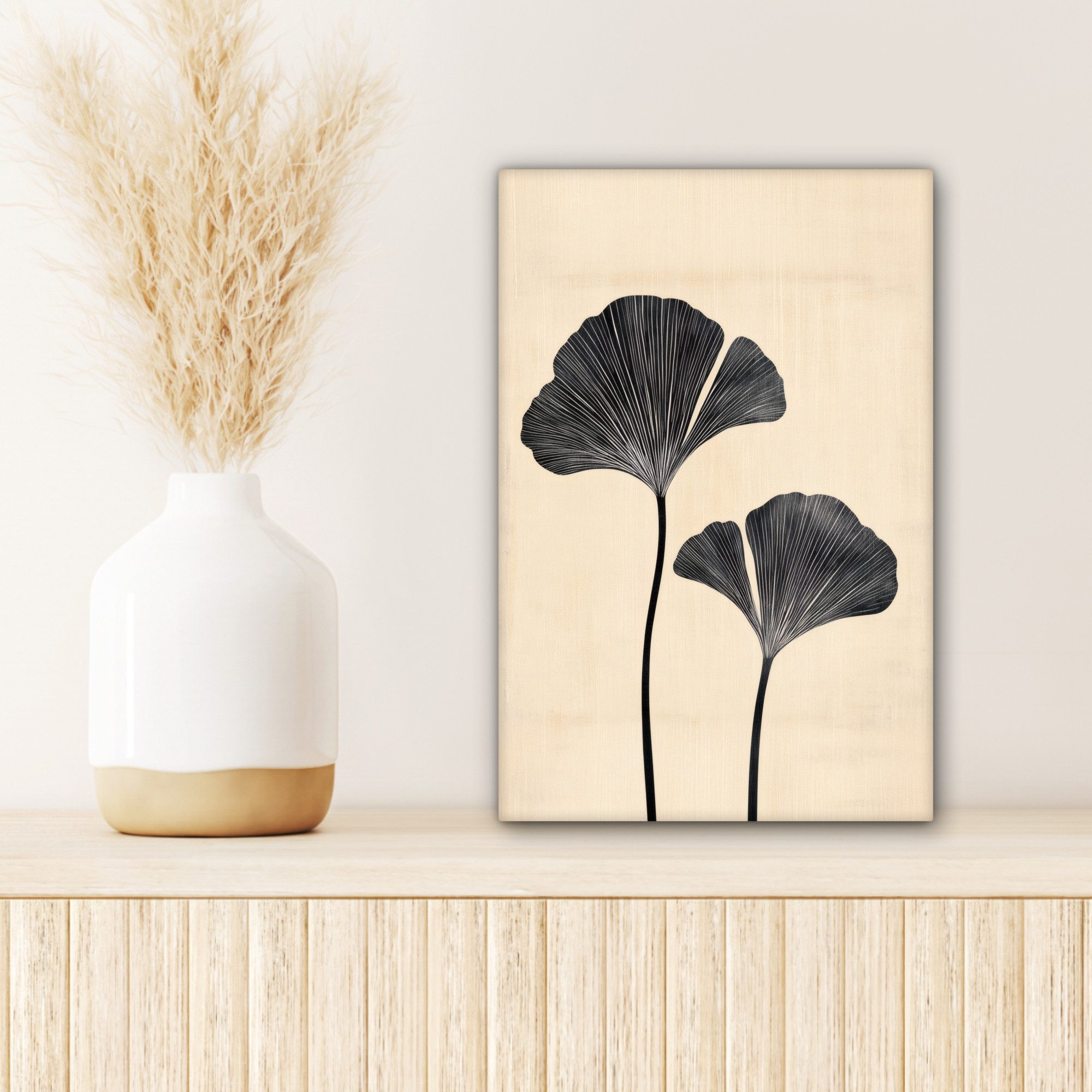 OneMillionCanvasses® Leinwandbild Blätter - Minimalistisch - Schwarz, Fotodruck (1 St), Leinwand Canvas Wandbild, Wanddekoration 20x30 cm