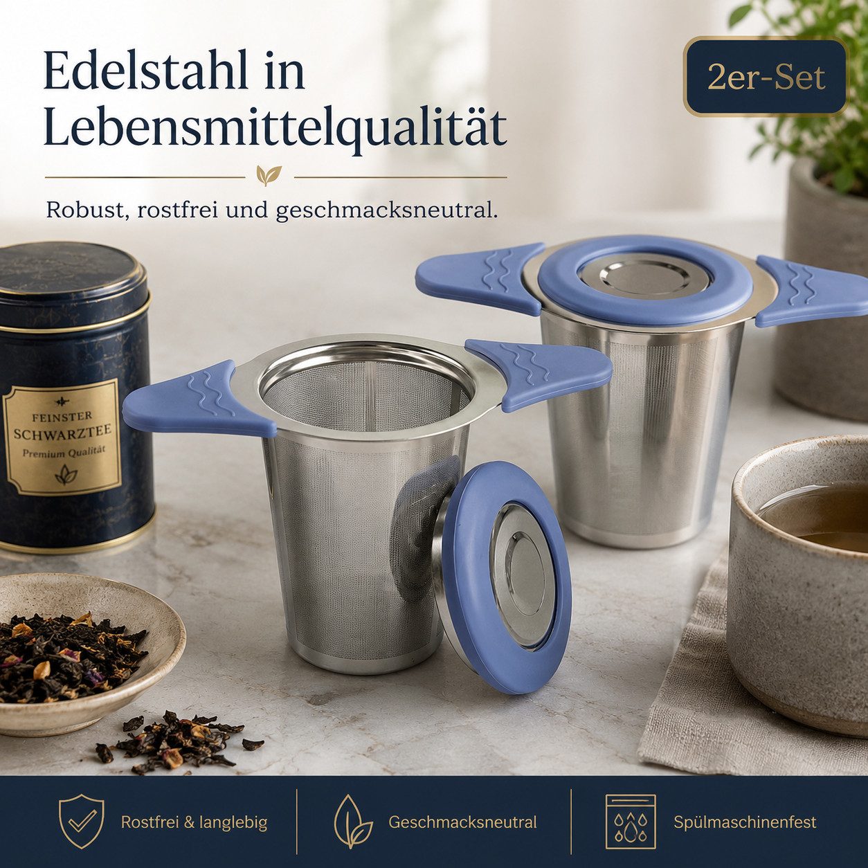 Vornix Teesieb 2er-Set aus Edelstahl, feinmaschiger Tee-Infuser mit Deckel, (hitzebeständigen Silikongriffen, wiederverwendbar für Tassen und Becher) – Bild 4 von 5