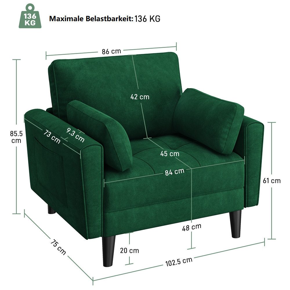 Yaheetech Sofa Polstersofa mit Rückenkissen & Seitenkissen & Seitentaschen, 1 Sitzer Sofa bis 136 kg belastbar