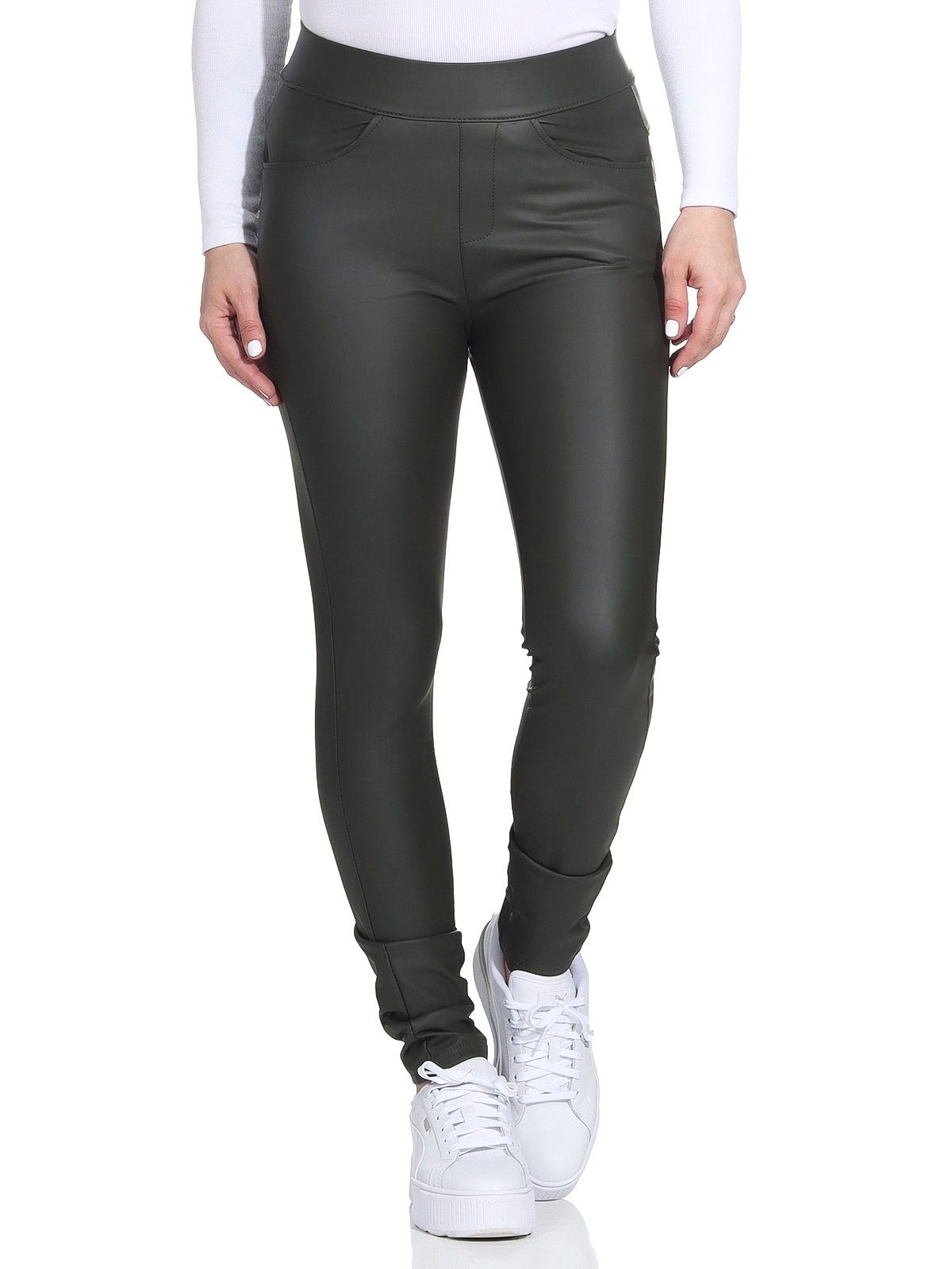 für ausgestattet Eingriff- Damenmode gefütterte mit Olive Damen leicht Gesäßtaschen, Thermofleece Aurela Lederhose Lederleggings Kunstlederleggings und mit