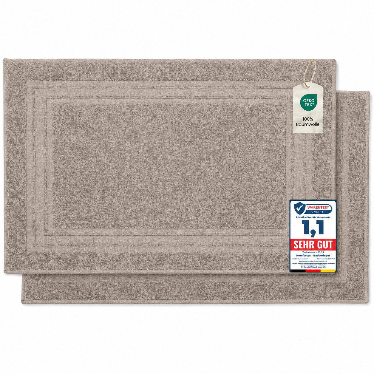 Komfortec Badematte Badvorleger aus 100% Baumwolle, Waschbar Duschmatte, Frottee, Rechteckig, 600 g/m², 2er Set, Saugfähig & Schnelltrocknend