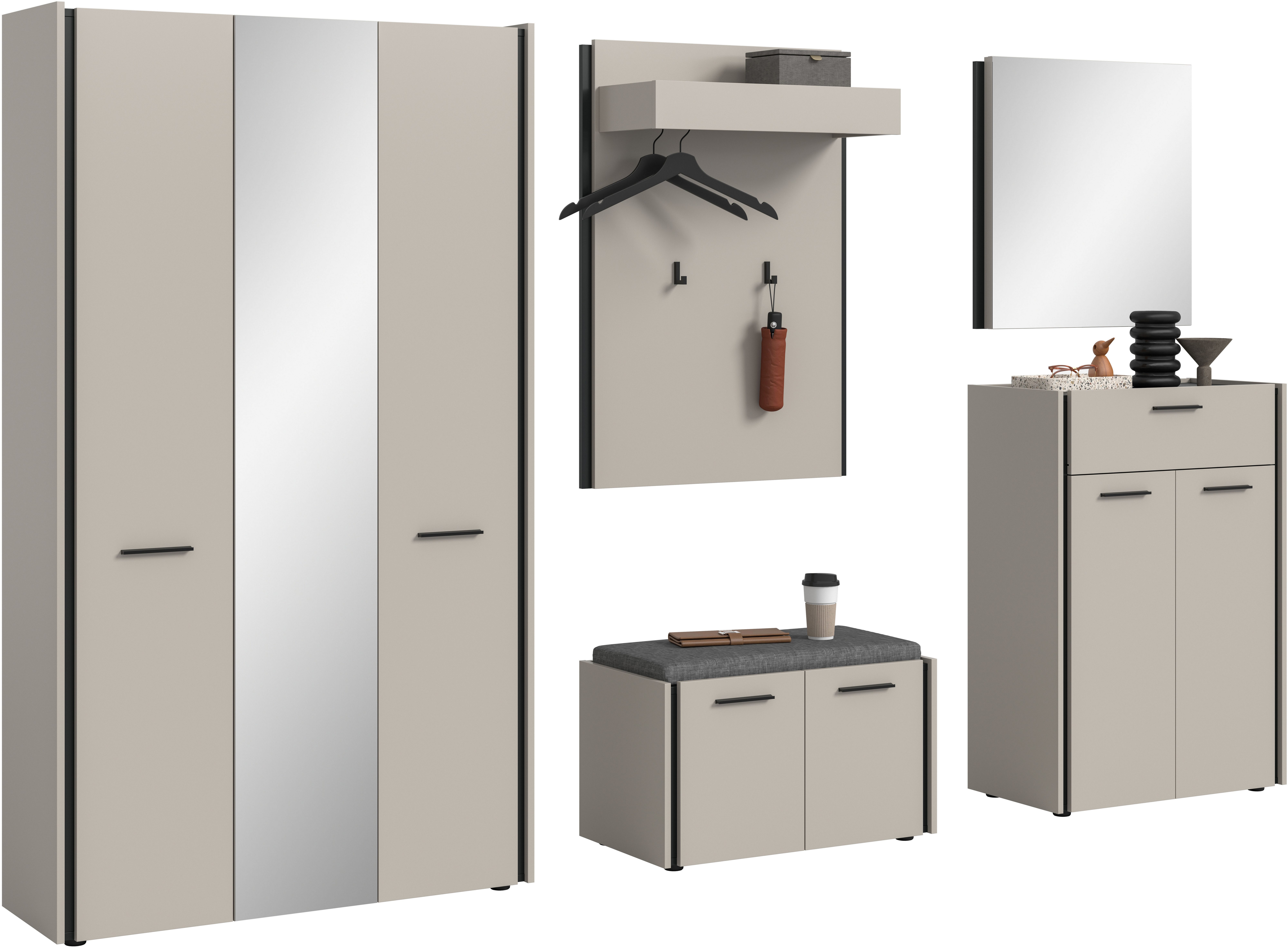Home affaire Garderoben-Set RAK, 6-teilige Garderoben-Kombi inkl. Sitzkissen, Breite ca. 287 cm, (6-St., Garderobenschrank, Sitzbank, Garderobenpaneel, Schuhkommode, Spiegel), Garderobenkombination, Kombination, Set, Flurgarderobe, Diele