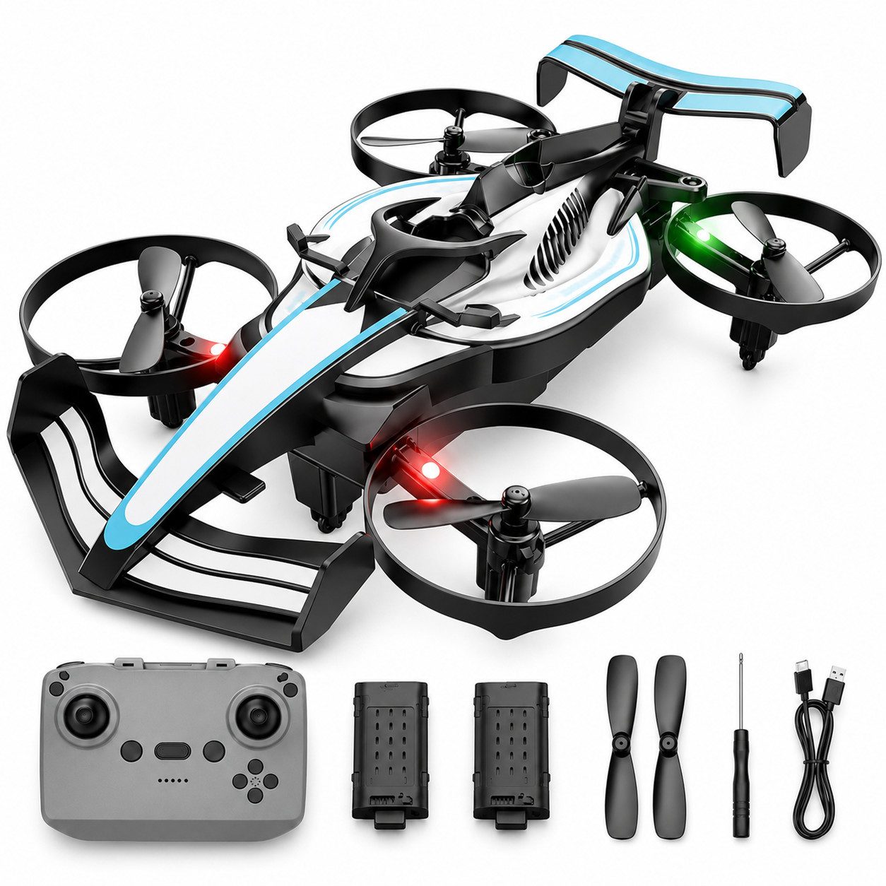 Goldstern-Tech RC-Quadrocopter (RC Flugauto Rennauto, 2-in-1 Drohnenauto mit Driftfunktion), LED-Licht, Headless Mode, Ein-Tasten-Start & USB-Akku