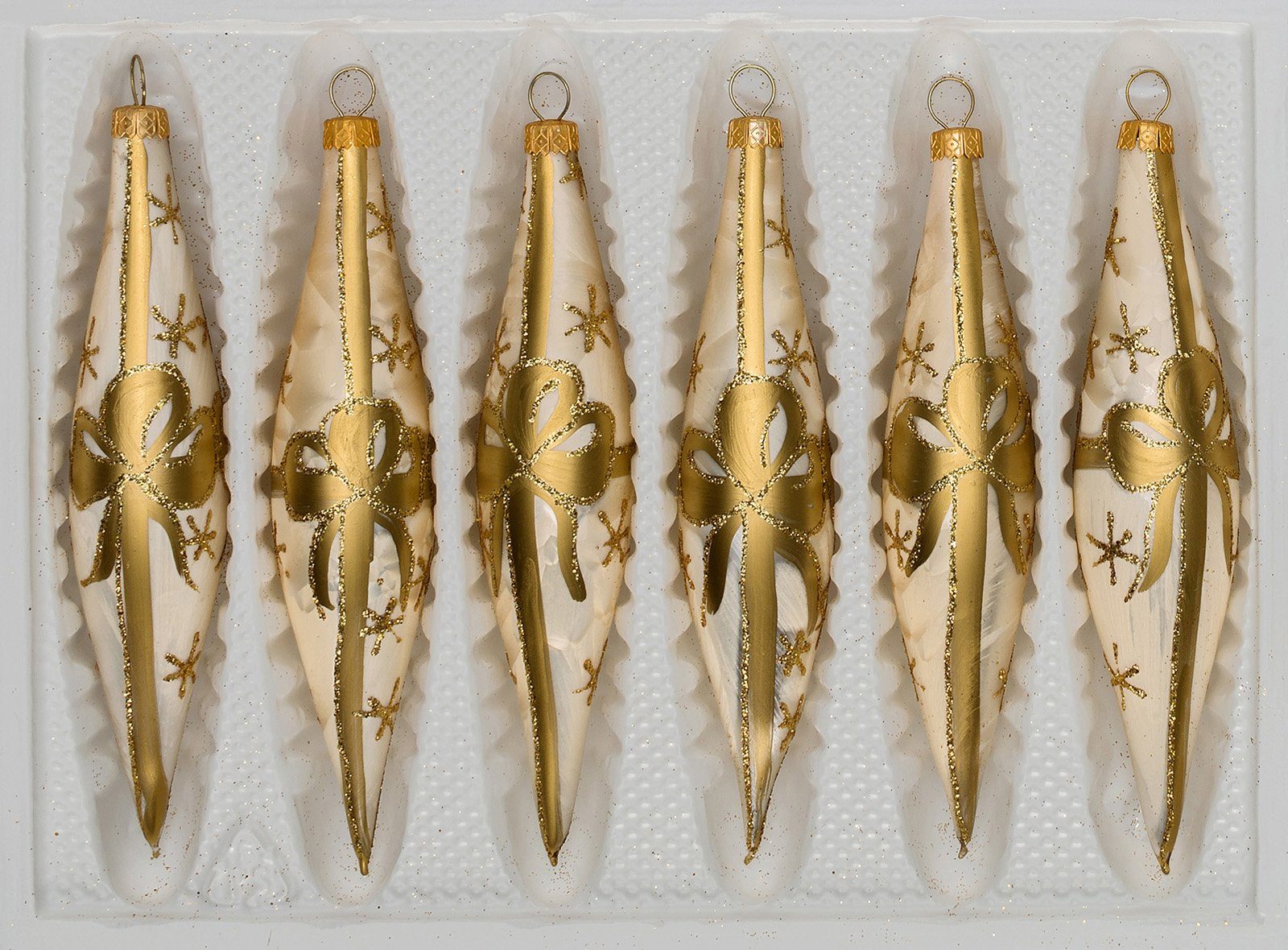 Christbaumschmuck 6 tlg. Glas-Zapfen Set in Ice Champagner Goldene Schleife