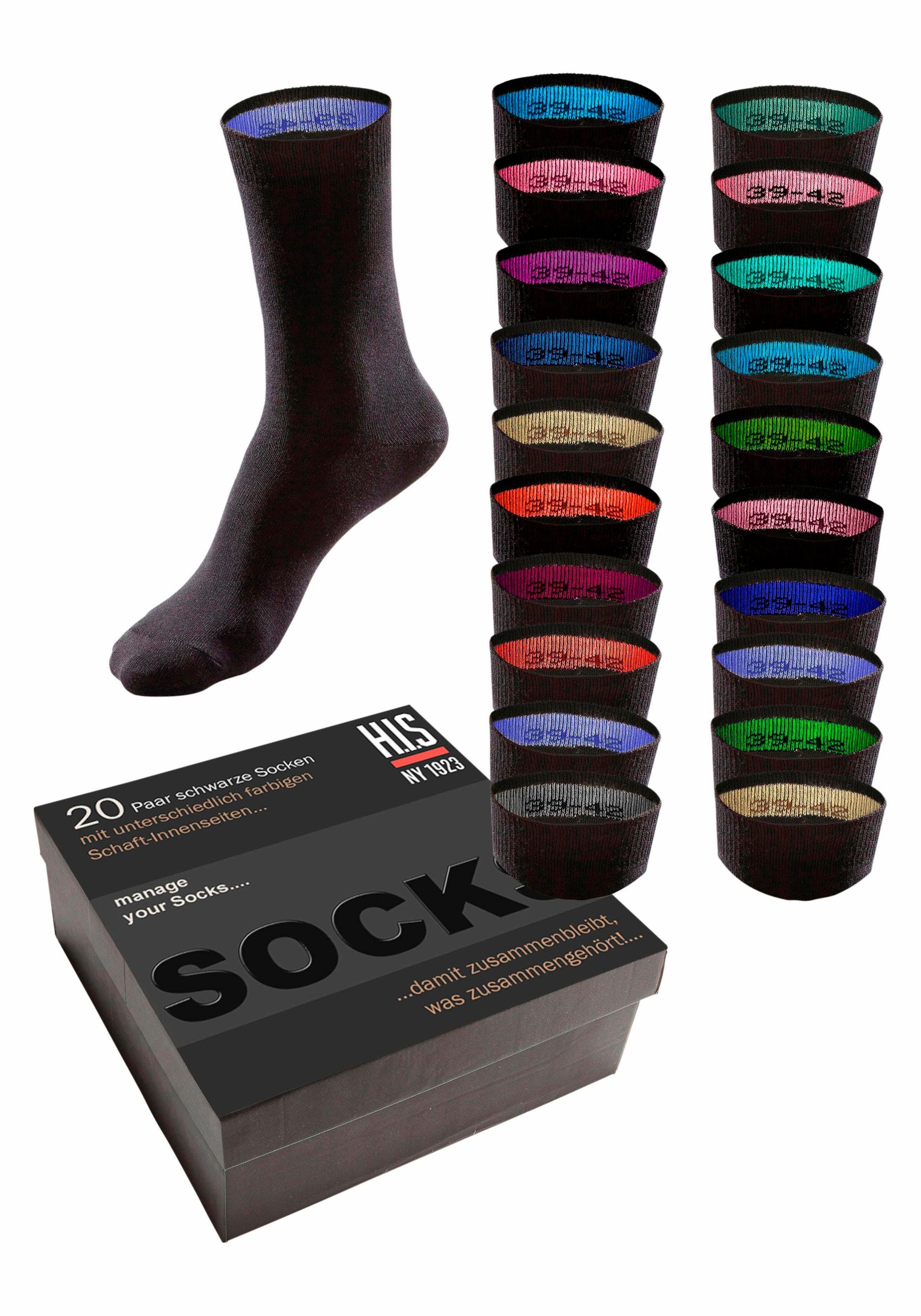 H.I.S Socken für Damen und Herren, perfekt zu sortieren mit farbigem Innenbündchen. (Box, 20-Paar) in praktischer Geschenkbox, für Beruf und Freizeit
