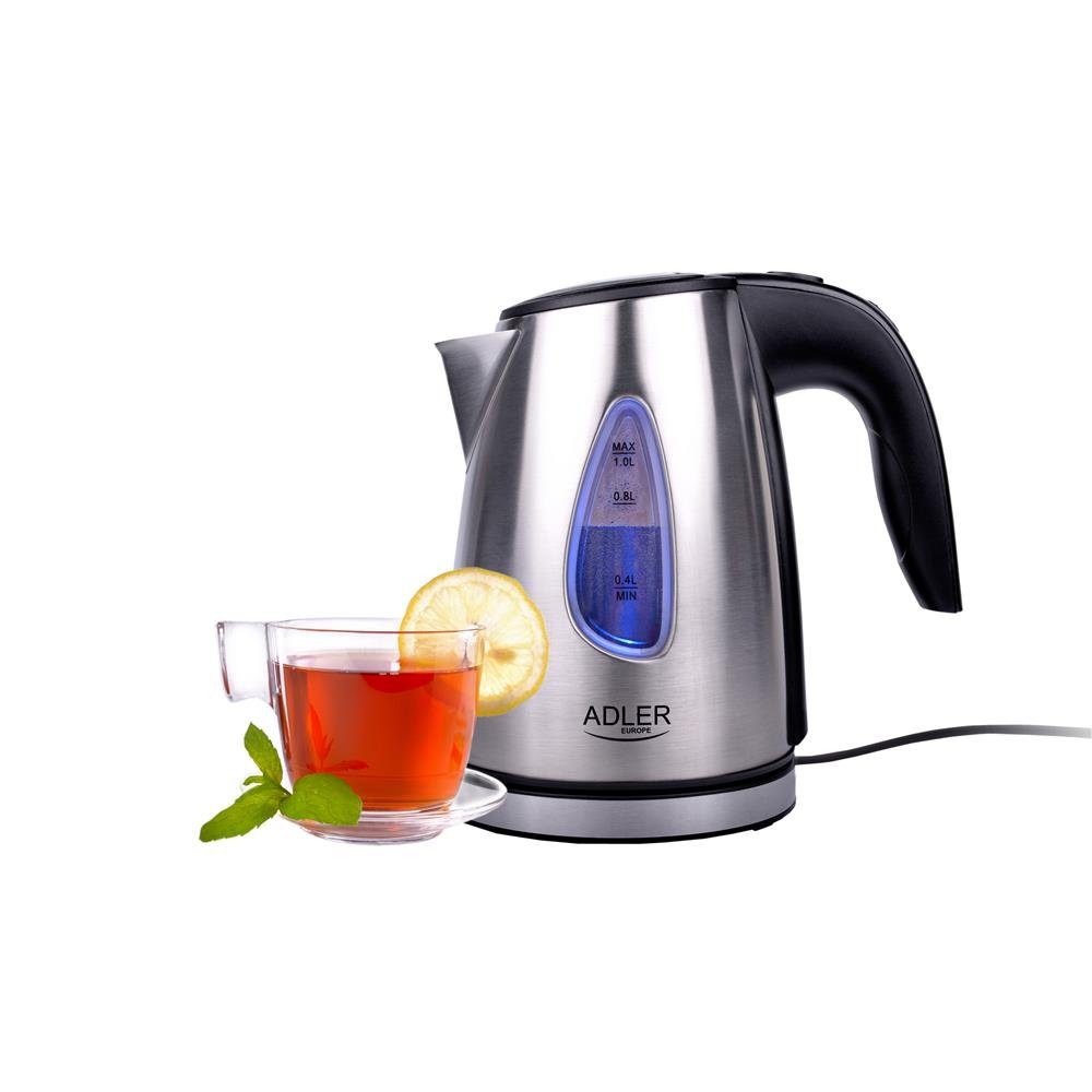 ADLER EUROPE Wasserkocher AD 1203 kleiner Edelstahl Wasserkocher für Büro, Singleküche, 1 l, 1630 W, blaue LED Beleuchtung, 360° Basis, schnellkochend Silbern
