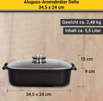 Krüger Bräter Aluguss Aromabräter mit Glasdeckel und Aromaknopf DELTA, 34,5x24x9 cm, Aluminiumguss (1-tlg), für Induktions-Kochfelder geeignet