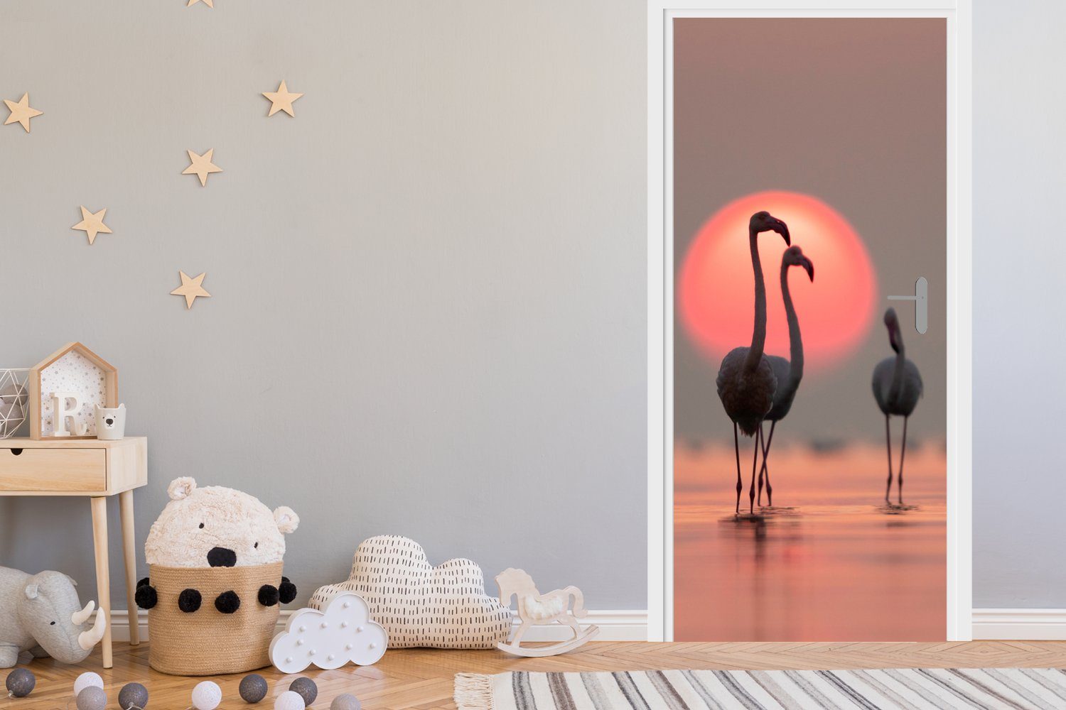 Flamingo Türaufkleber, - Türtapete 75x205 - (1 Matt, cm bedruckt, - Tür, Fototapete Vogel Rosa, St), Sonnenuntergang für MuchoWow