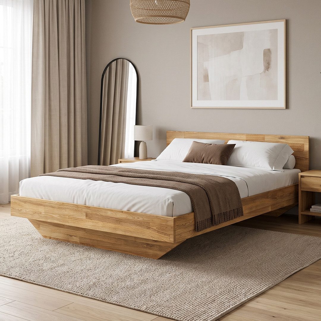 skølm Massivholzbett Hjort, Bettgestell mit Kopfteil aus Eichenholz, Natur geölt (140x200 cm), massives Schwebebett geeignet als Doppelbett für Schlafzimmer   