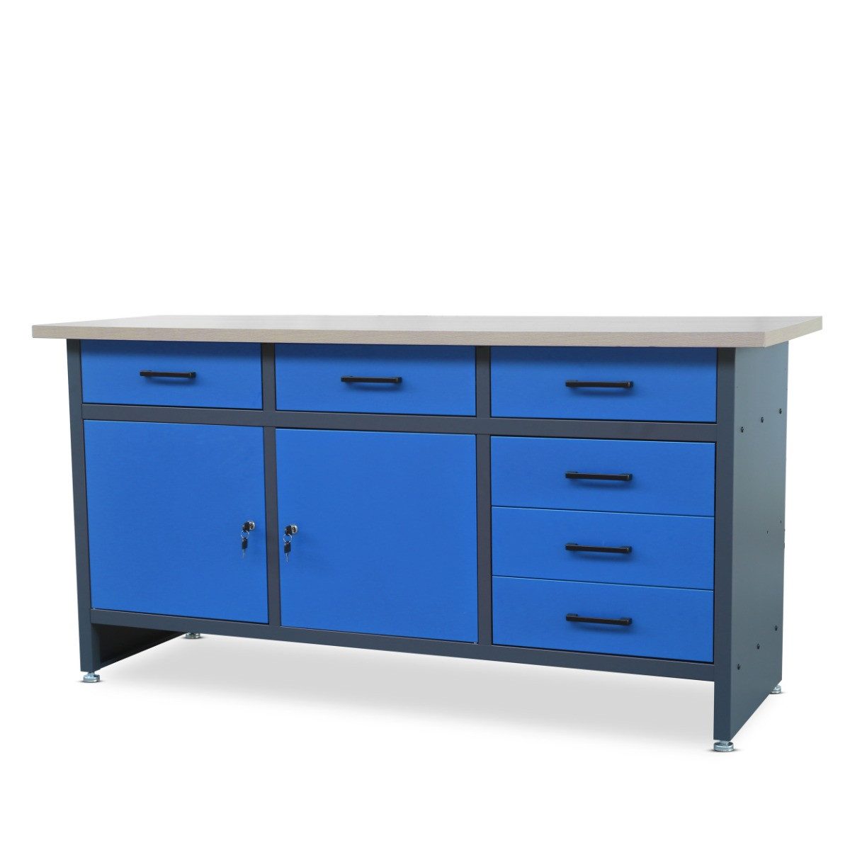 Jan Nowak Werkbank Werkstatttisch 170 cm HENRY 6 Schubladen 2 Schränke Stahl robust, (Stahl 0,8-1,0 mm 85 x 170 x 60 cm verstellbare Füße 91 kg), Werktisch abschließbar 570 kg laminierte Platte 5 Farben PZH