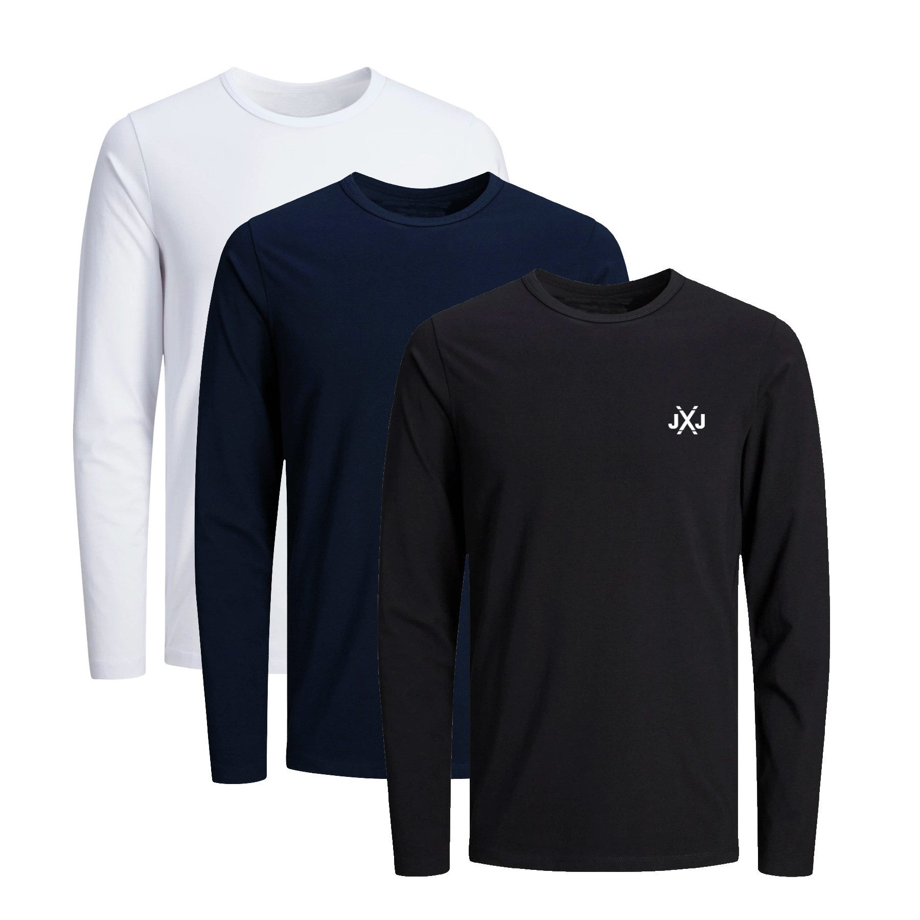 Jack & Jones Langarmshirt JCORISE INFINITY TEE LS CREW NECK 3-Pack Herren Langarmshirt 3er Pack Unifarben Basic Stretch Shirt Baumwolle