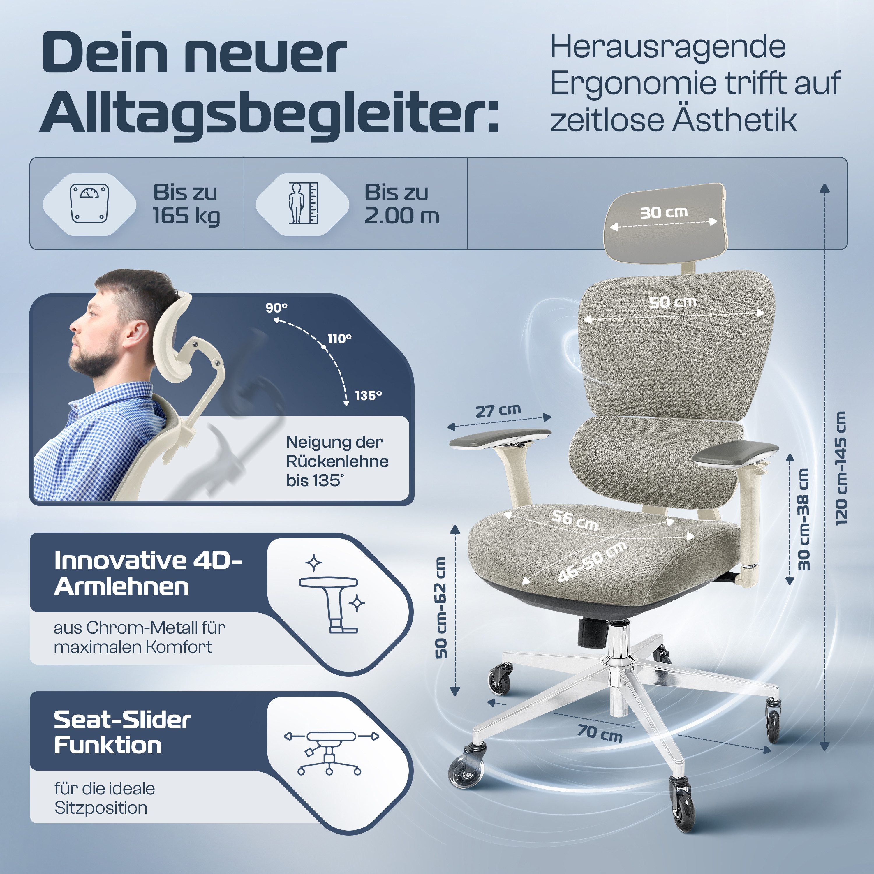 CLOUVOU Bürostuhl ergonomisch, Schreibtischstuhl bis 150 günstig online kaufen