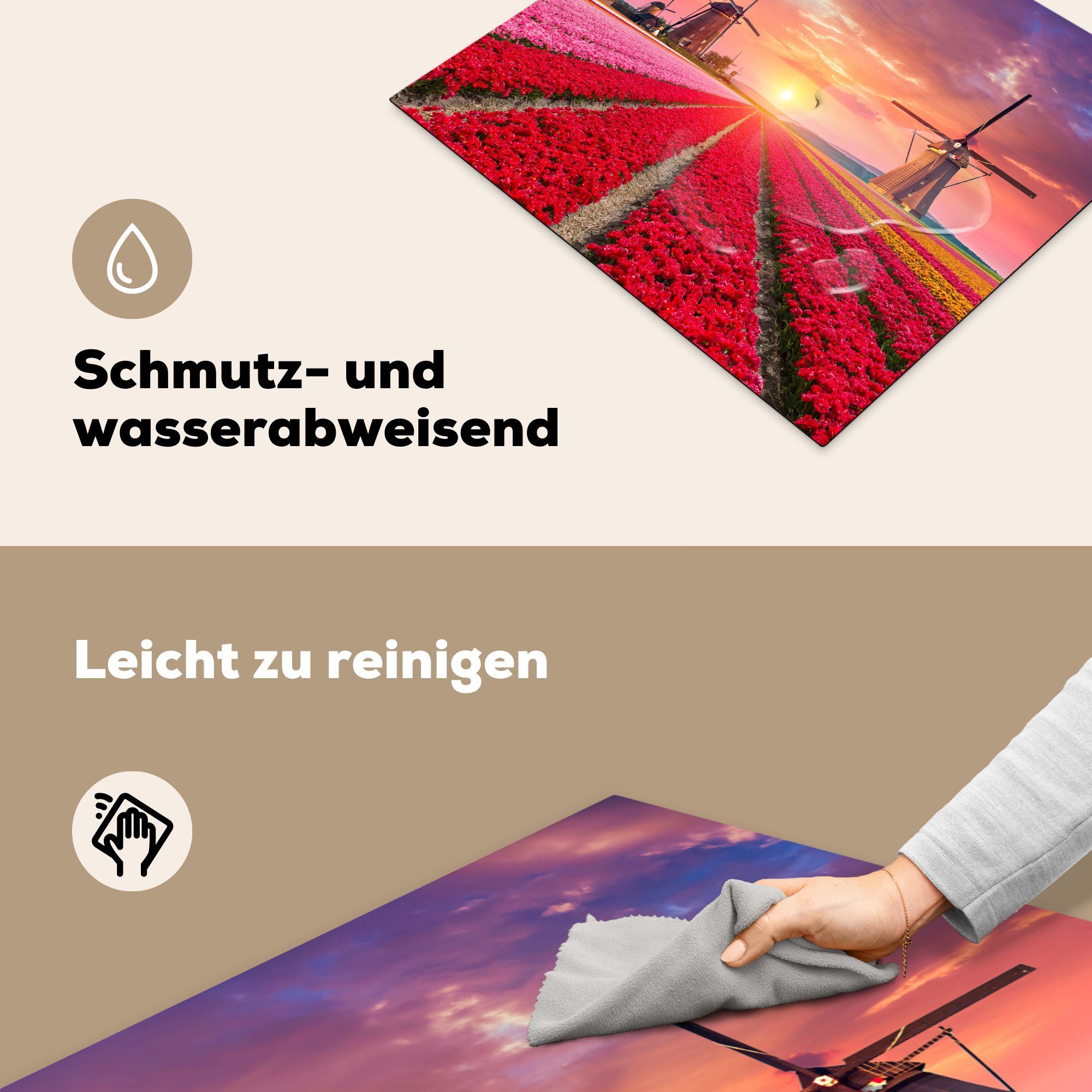MuchoWow Herdblende-/Abdeckplatte Mühle - Blumen Mobile Ceranfeldabdeckung Niederländisch, tlg), - nutzbar, cm, (1 - 60x52 Vinyl, Arbeitsfläche Sonnenuntergang