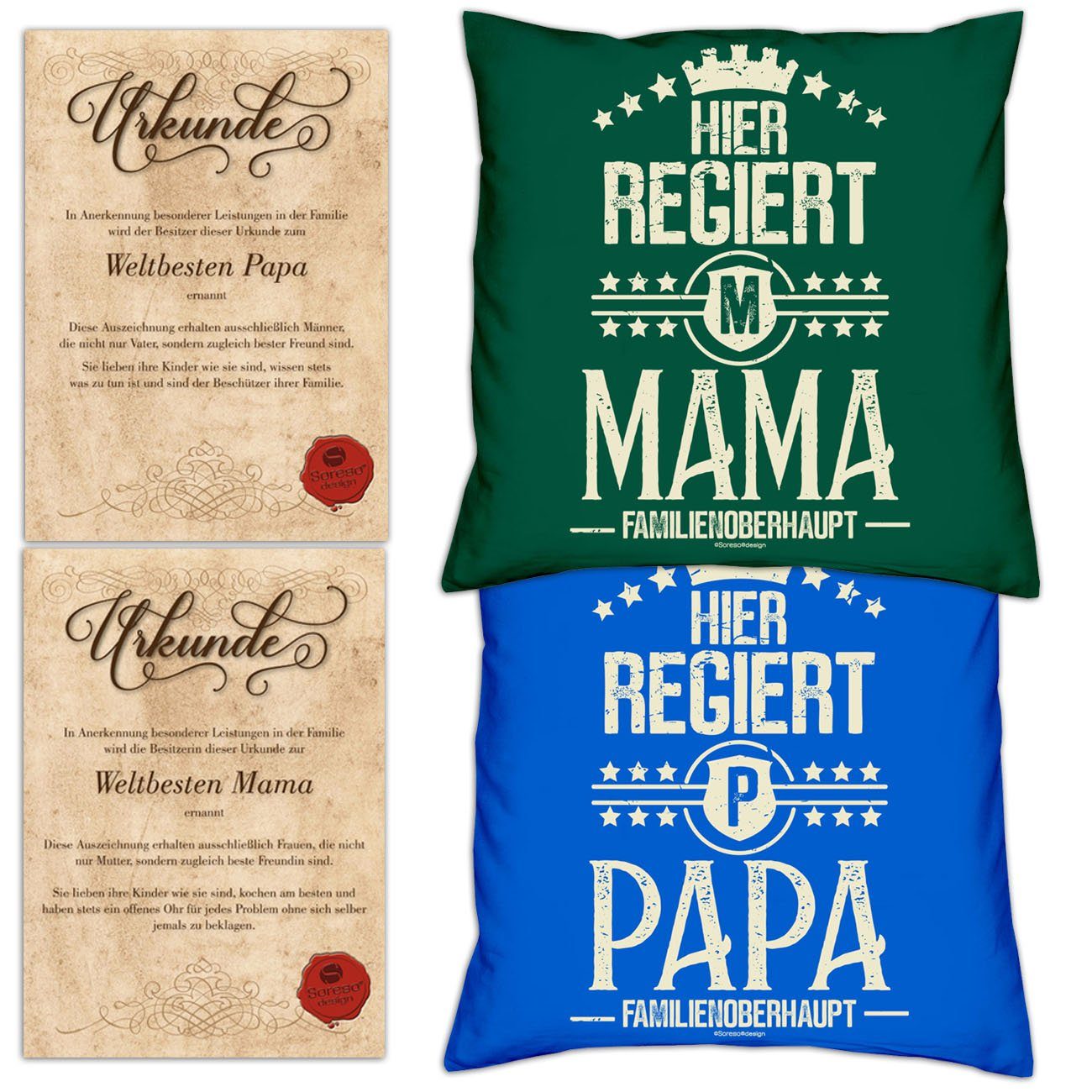 Dekokissen regiert Weihnachtsgeschenk mit Eltern Urkunden, regiert Soreso® dunkelgrün Hier für Mama Hier Kissen-Set Papa